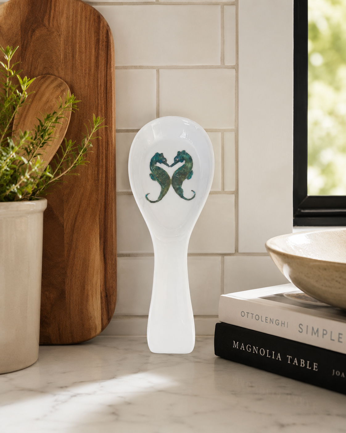 Double Seahorse Hand-Painted Porcelain Spoon Rest – Coastal Kitchen Countertop Accent