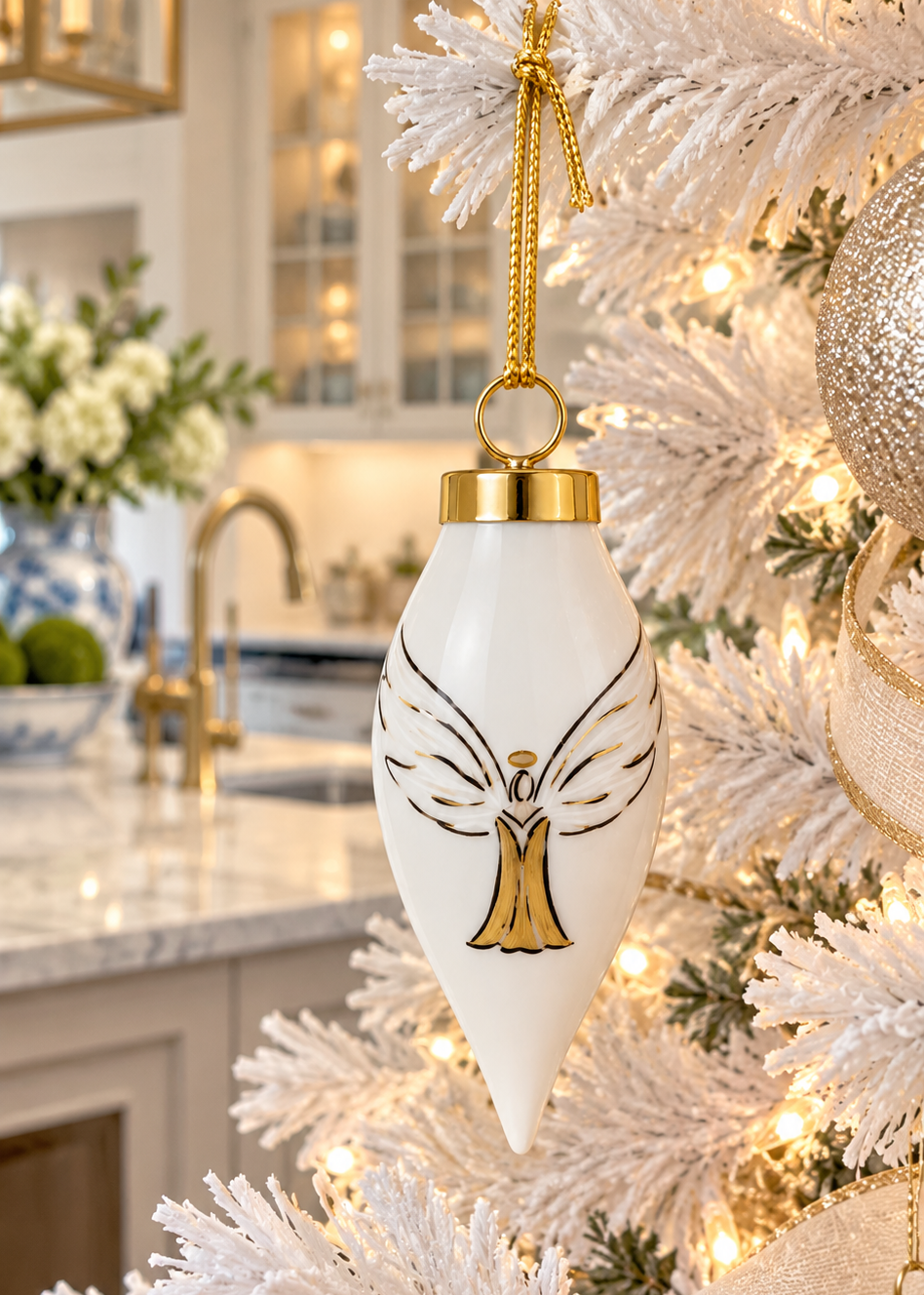 Hand-Painted Porcelain Angel Christmas Ornament – Gold & White