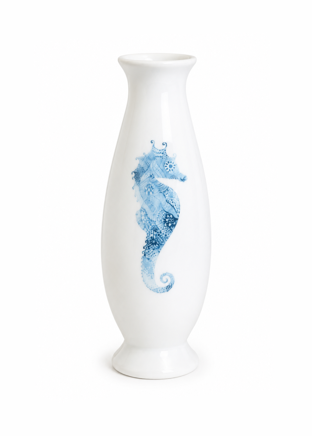 Hand-Painted Blue Seahorse Porcelain Bud Vase