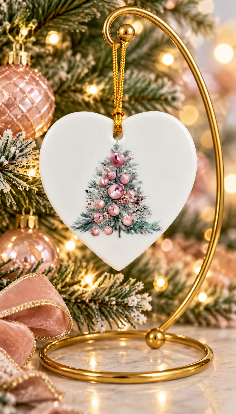 Hand-Painted Pink Christmas Tree Porcelain Heart Ornament