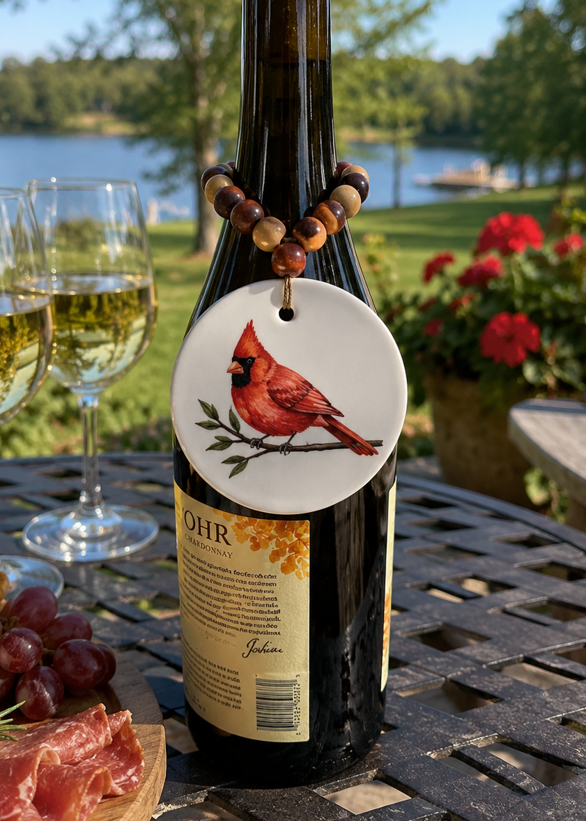 Cardinal Bird Wine Bottle Beverage Tag – Hand Painted Porcelain Coastal Charm by MadebyMonaH