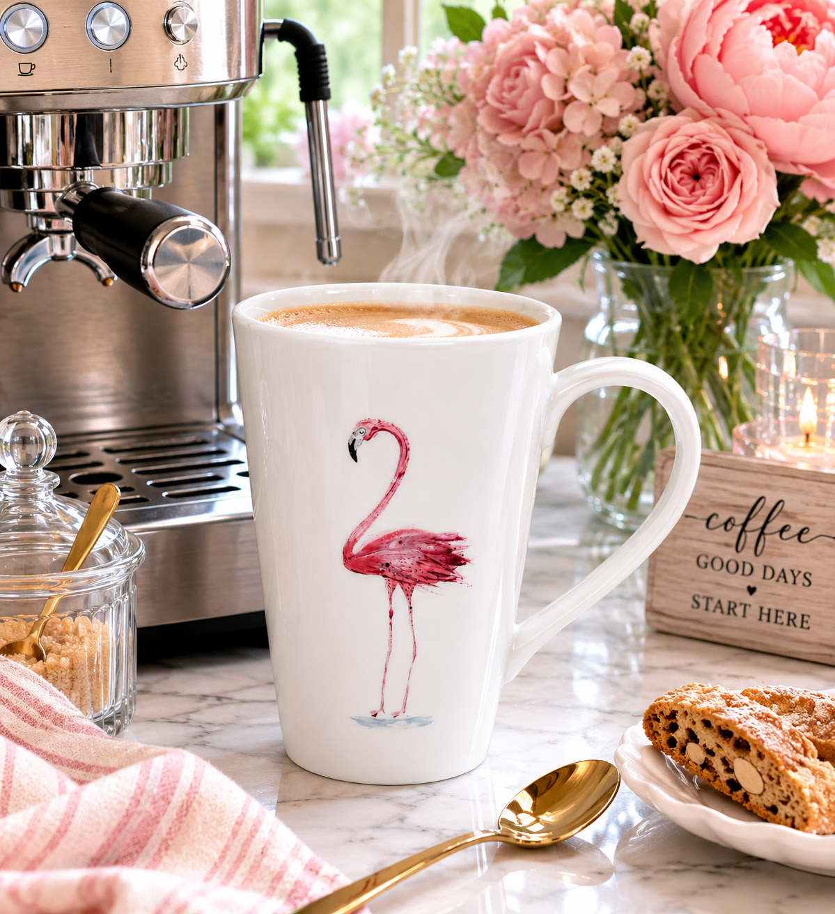 Hand-Painted Pink Flamingo Porcelain Mug | Coastal Coffee Cup