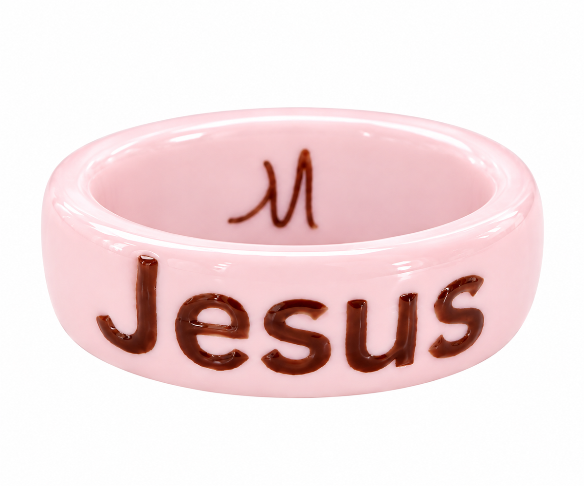 Hand-Painted Pink Porcelain Jesus Ring – Faith Jewelry
