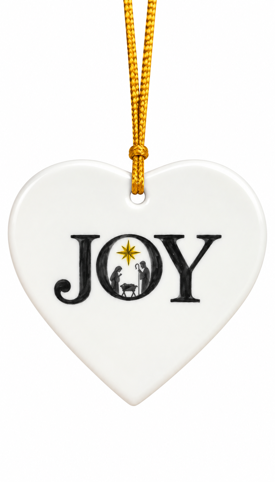 Hand-Painted Joy Nativity Porcelain Heart Christmas Ornament