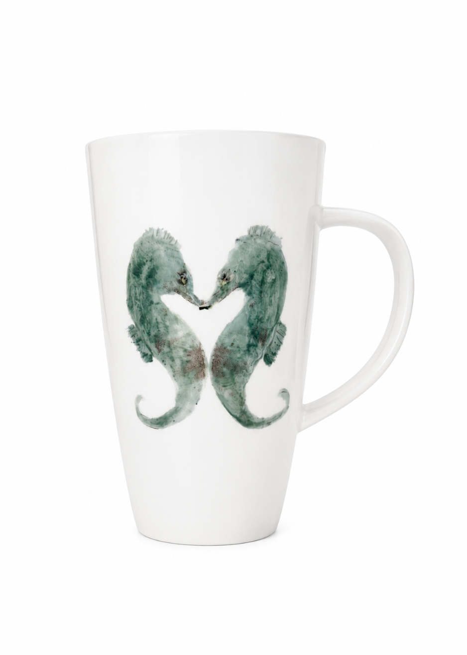 Hand-Painted Coastal Porcelain Double Seahorse Mug