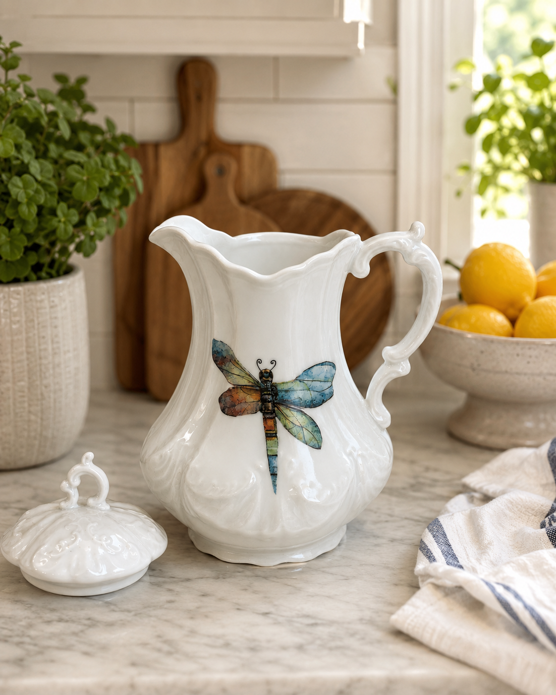 Dragonfly Porcelain Pitcher with Lid