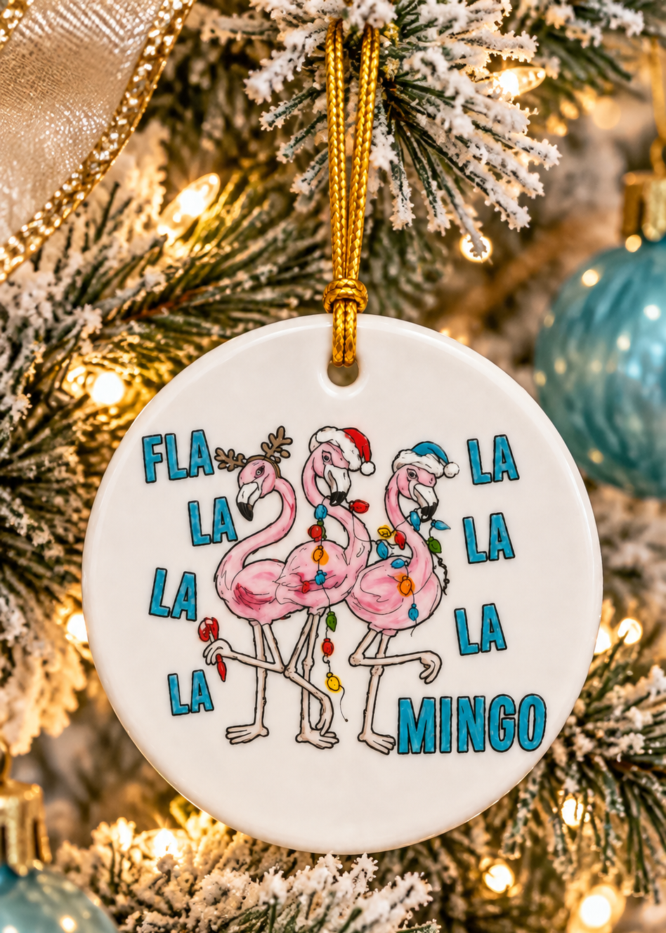 Hand-Painted Fla La La Mingo Flamingo Porcelain Christmas Ornament