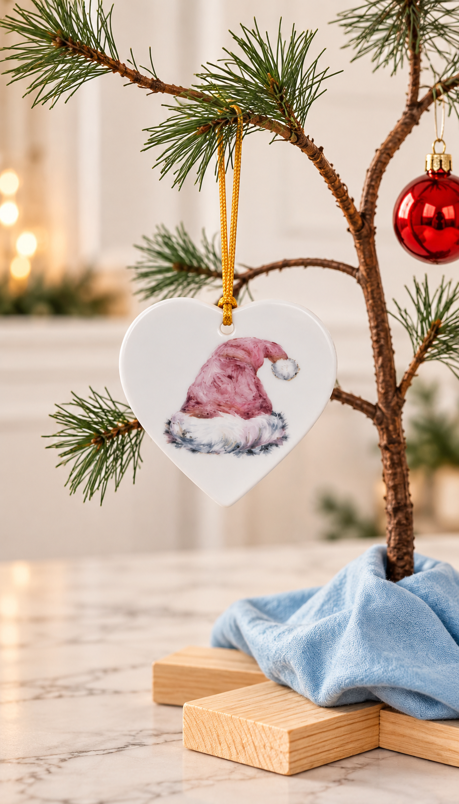 Hand-Painted Pink Santa Hat Porcelain Heart Christmas Ornament