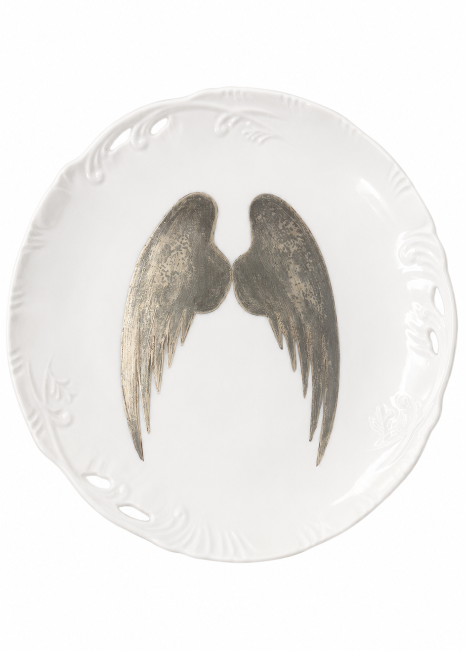 Hand-Painted Platinum Angel Wings Porcelain Decorative Plate – Elegant Shelf Décor