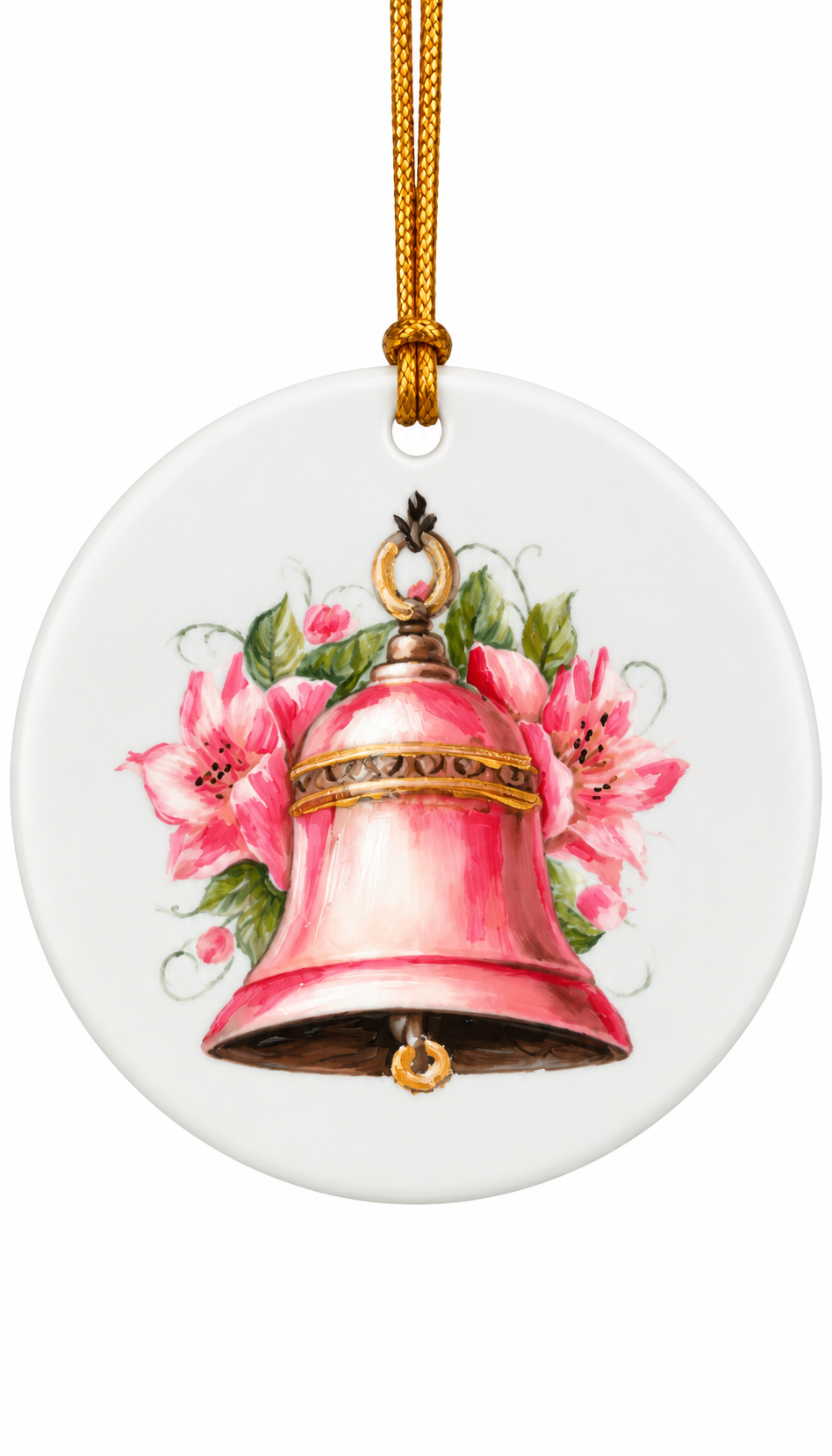 Hand-Painted Pink Christmas Bell Porcelain Ornament