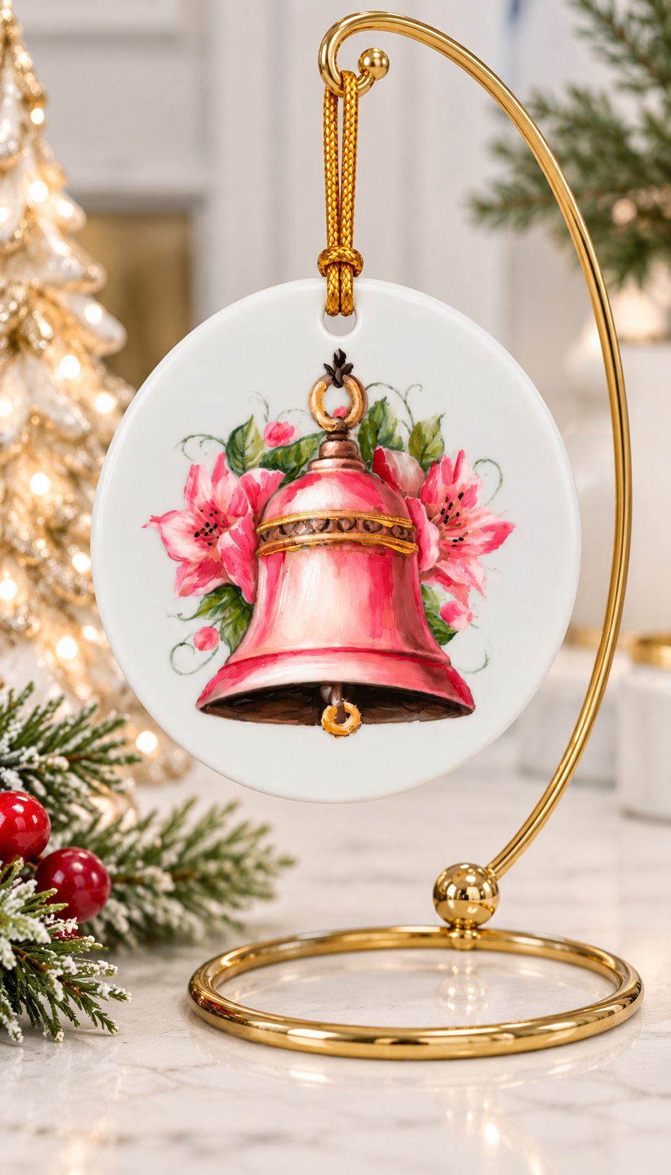 Hand-Painted Pink Christmas Bell Porcelain Ornament