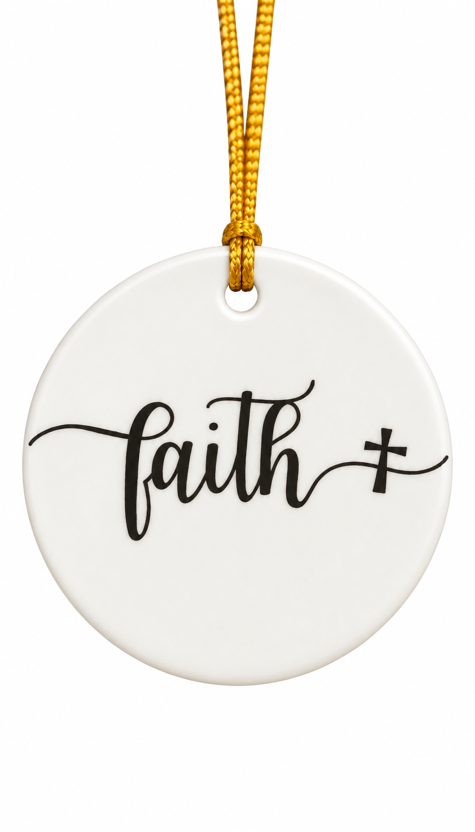 White porcelain round ornament with the wording faith