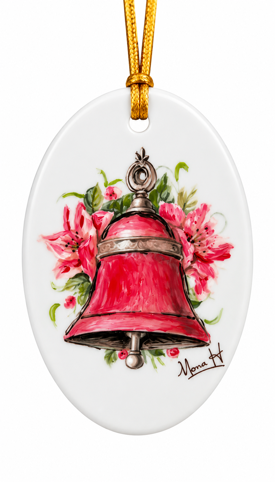 Oval White Porcelain Ornament 2.25 x 3.25 Hand Painted With A Bell