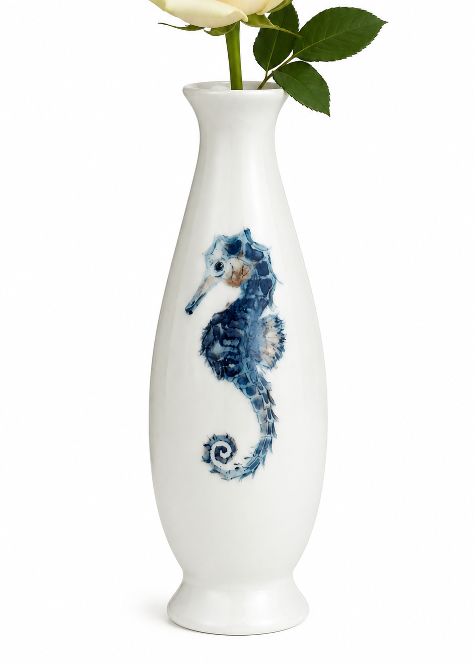 Hand-Painted Seahorse Porcelain Bud Vase with White Rose