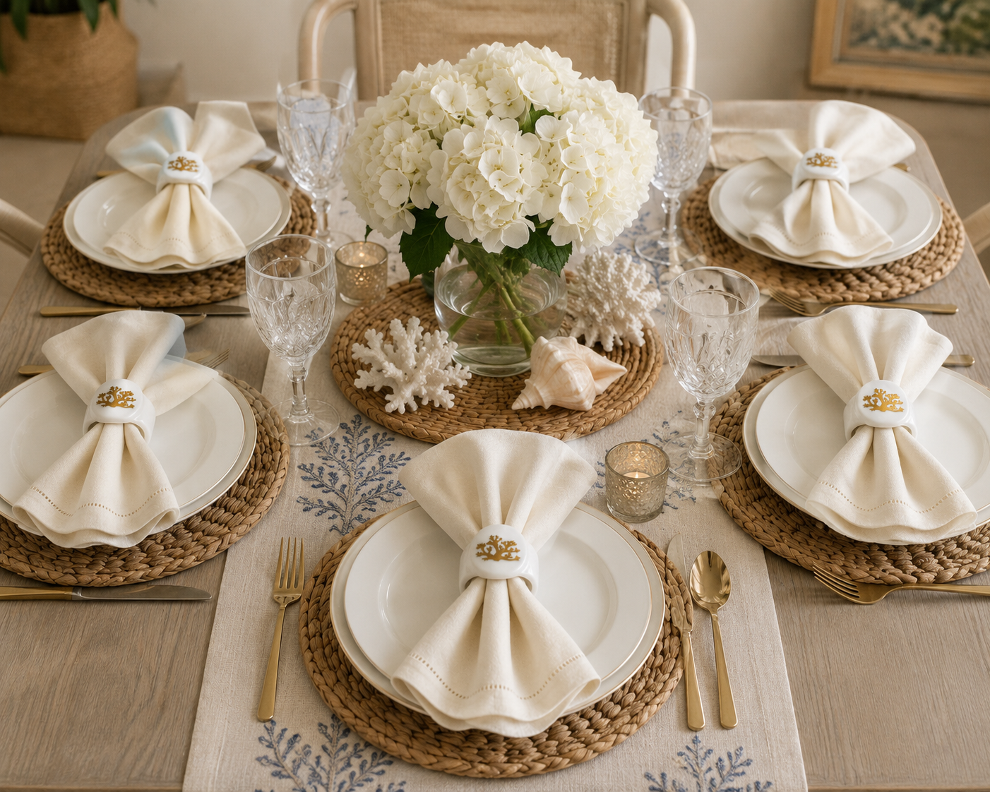 Set of 6 Gold Coral Porcelain Napkin Rings – Coastal Table Décor & Elegant Dining