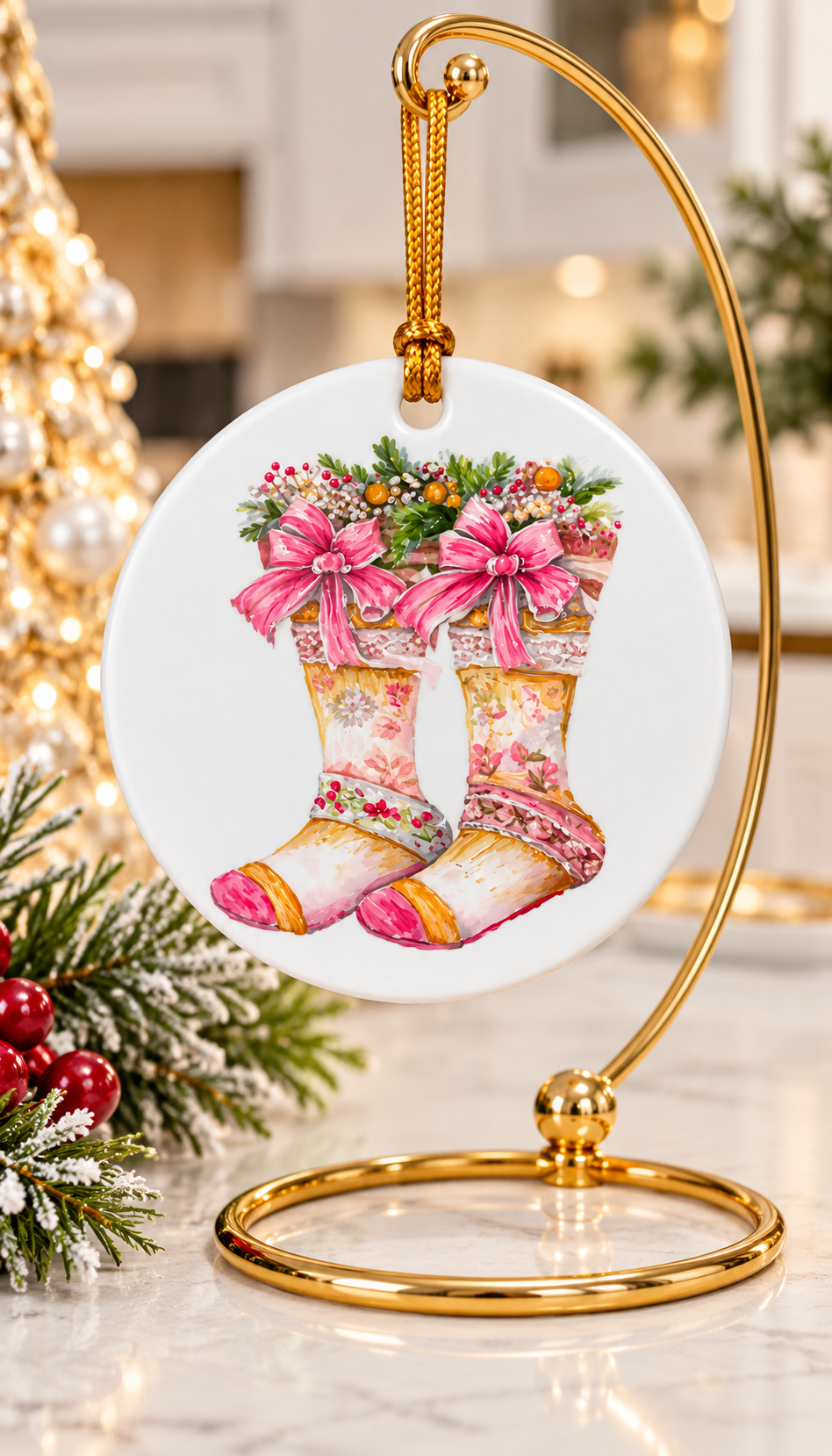 Hand-Painted Pink Christmas Stockings Porcelain Ornament
