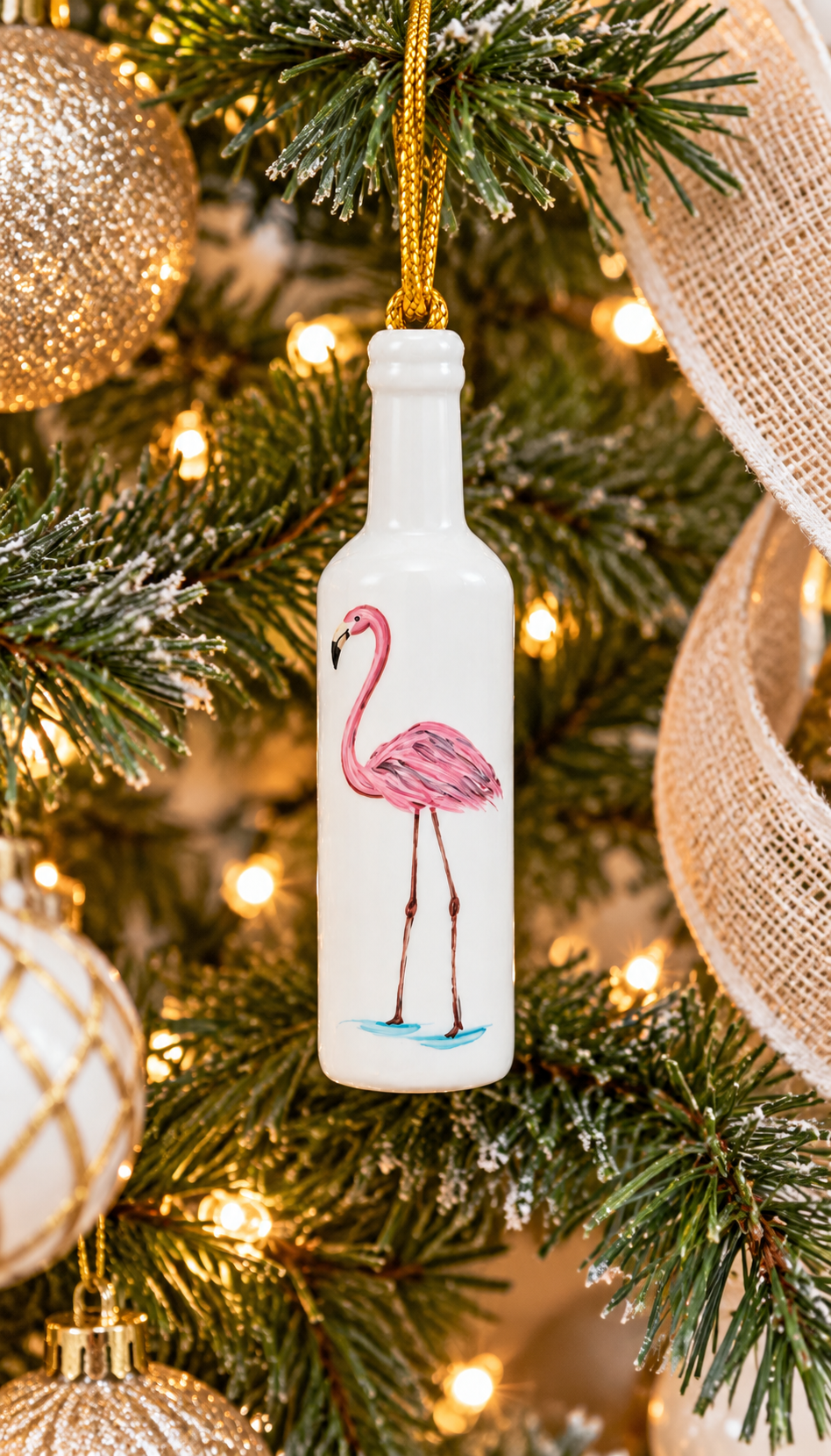 White Porcelain 3.25" Wine Bottle Ornament with a hand-painted Flamingo