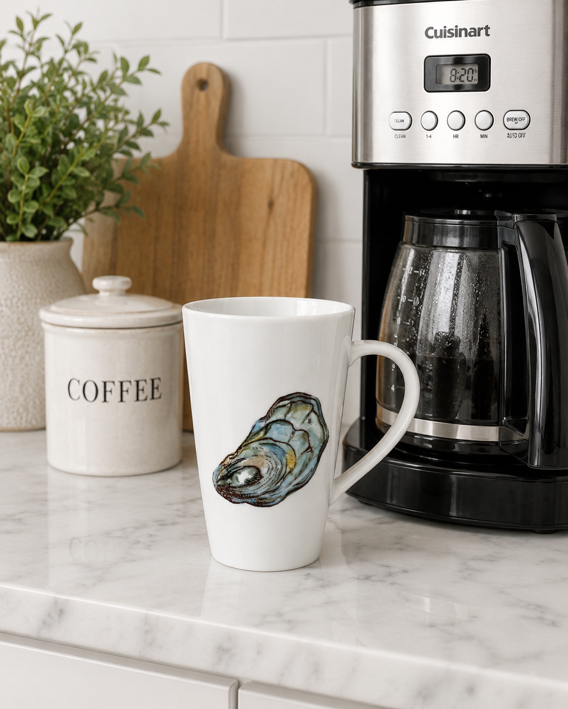 Hand-Painted Coastal Oyster Shell Porcelain Latte Coffee Mug | Elegant Kitchen Coffee Bar