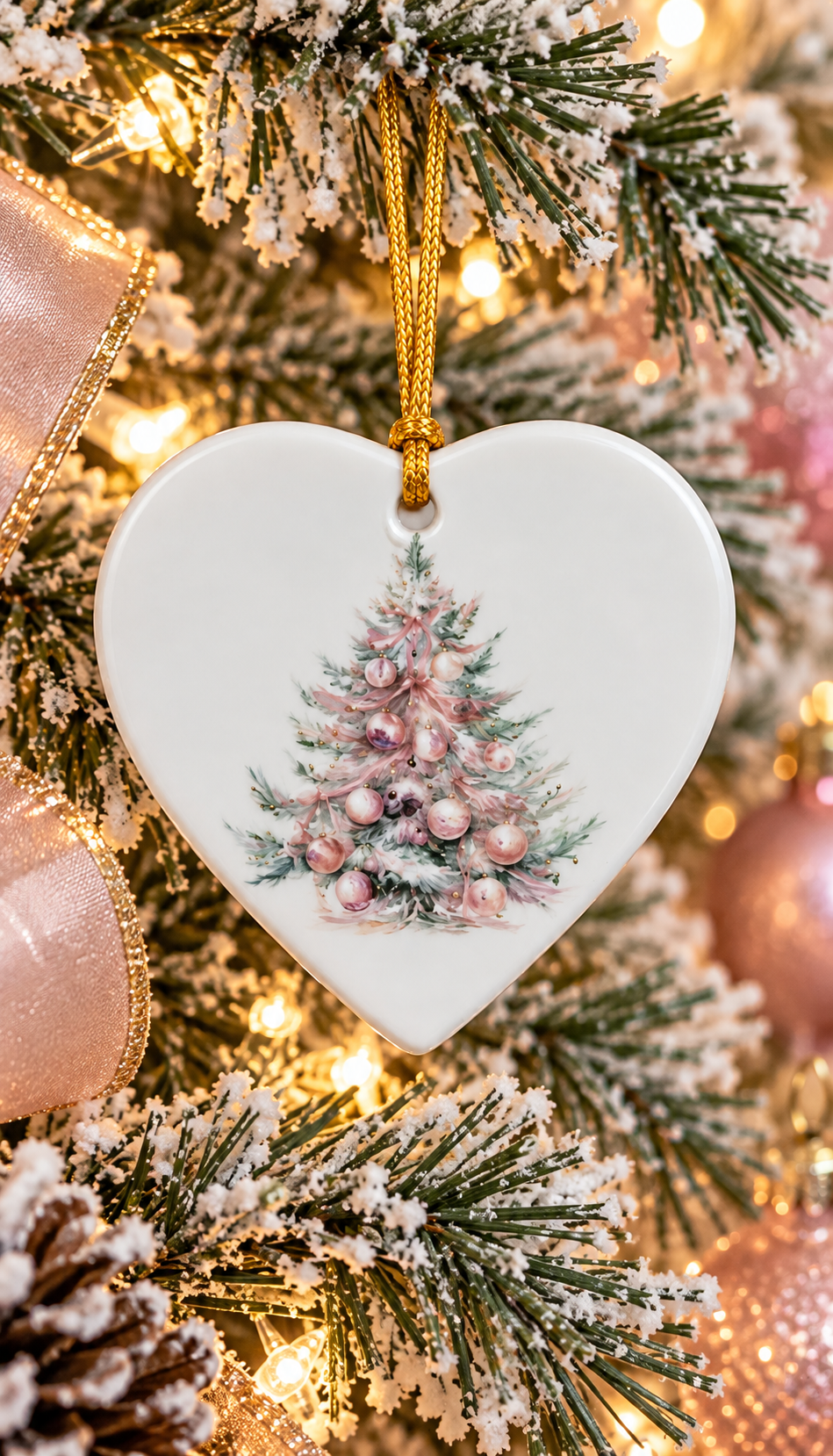 Hand-Painted Blush Pink Christmas Tree Porcelain Heart Ornament