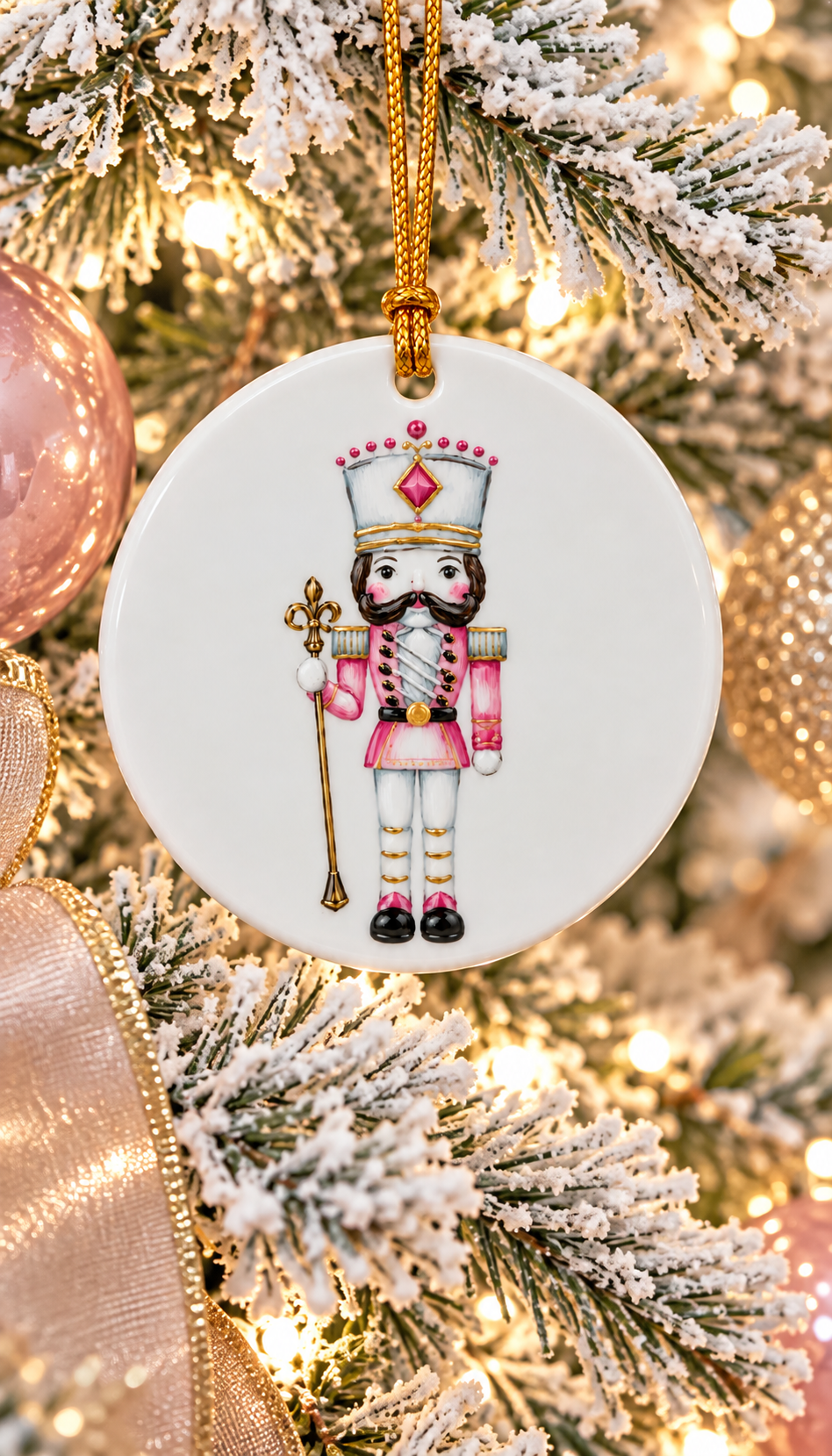 Hand-Painted Pink Nutcracker Porcelain Christmas Ornament