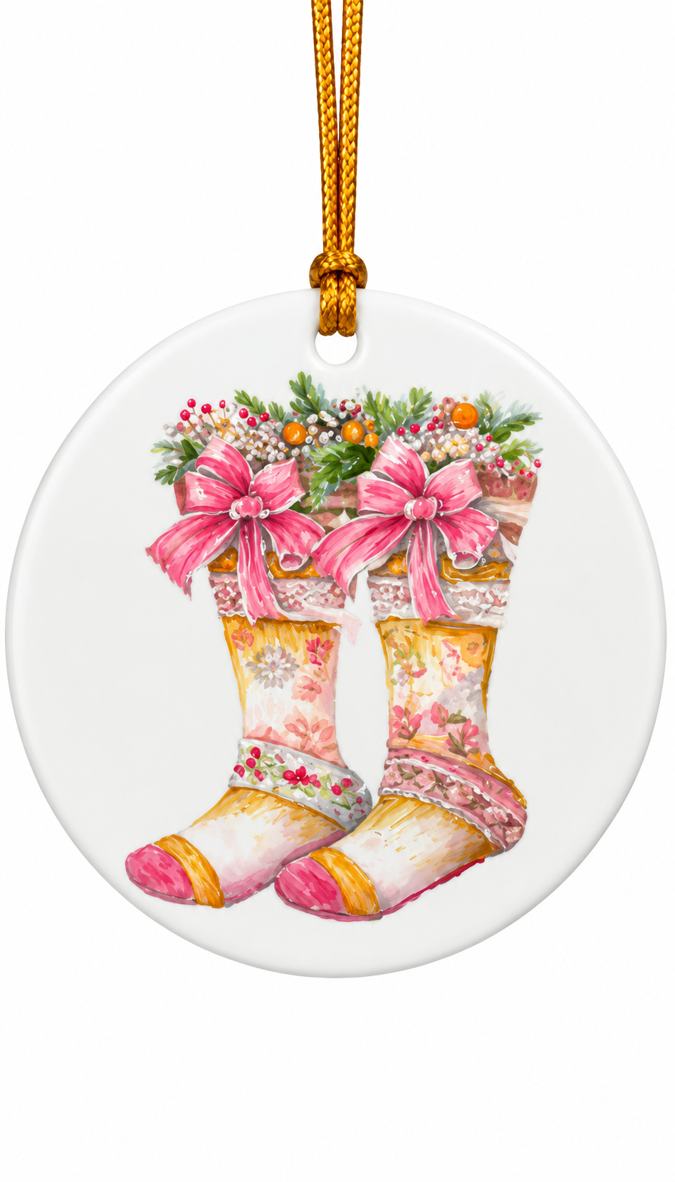 Hand-Painted Pink Christmas Stockings Porcelain Ornament