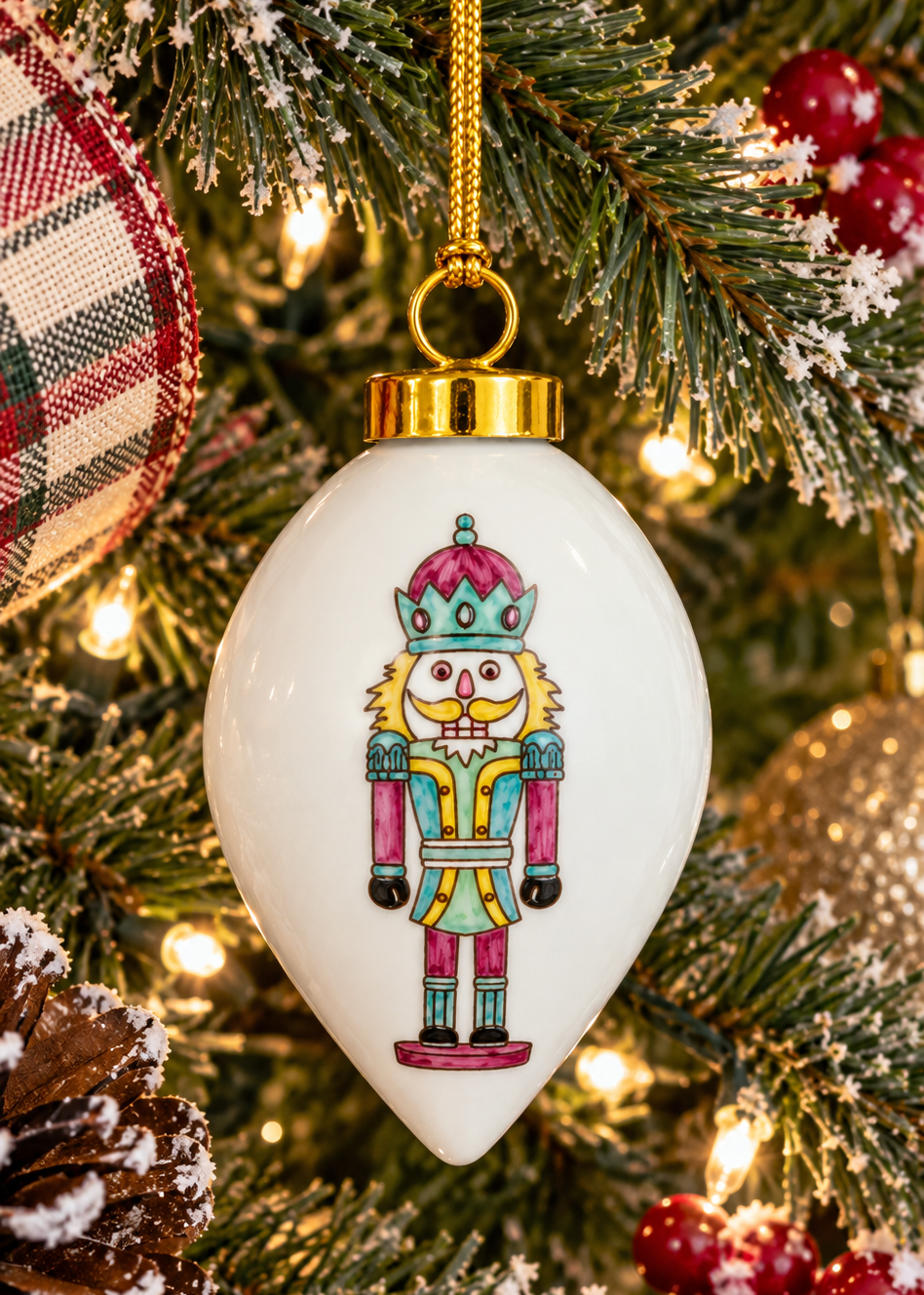 Hand-Painted Pink & Aqua Nutcracker Porcelain Christmas Ornament