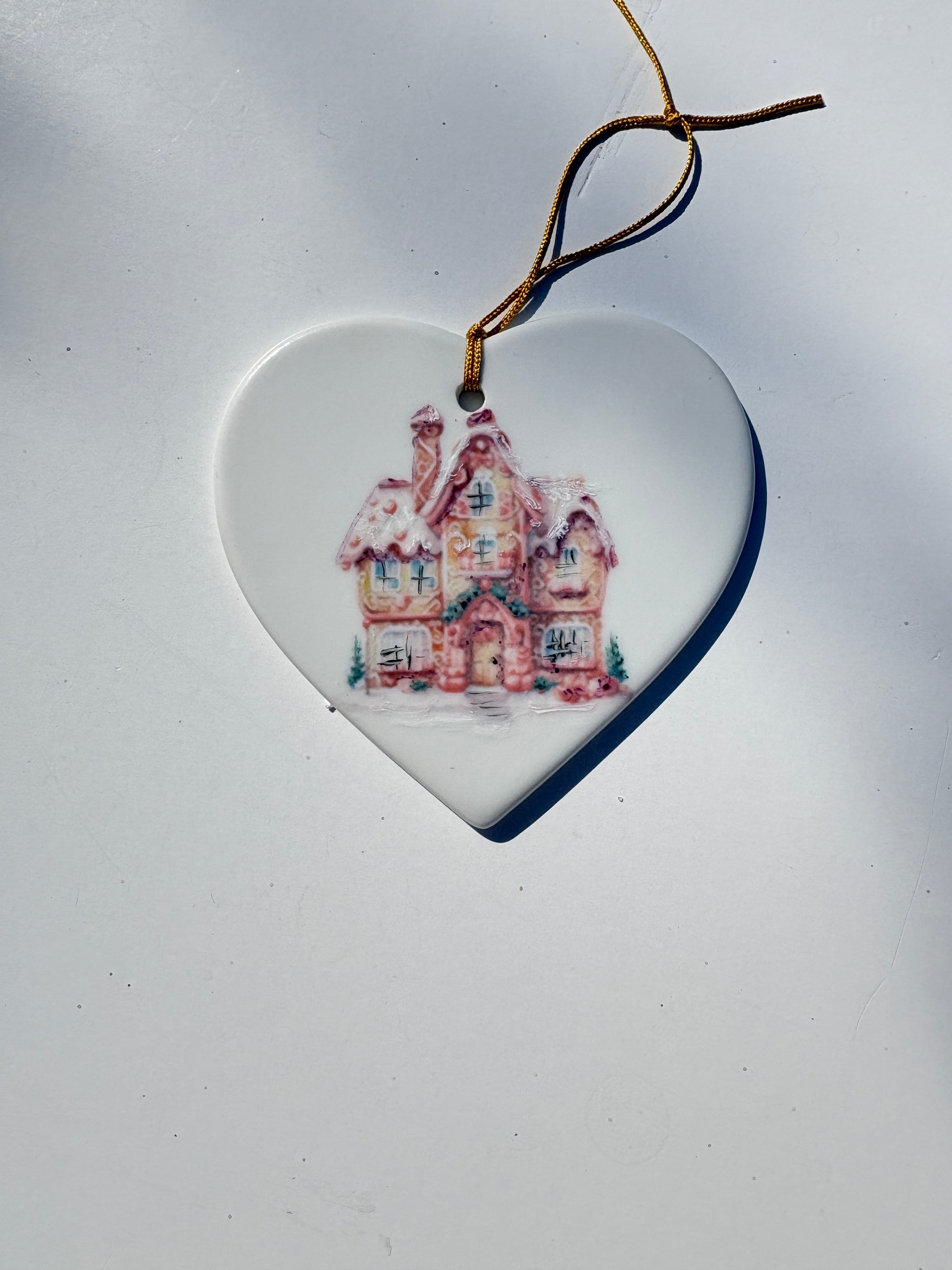 Hand painted gingerbread house on a white heart porcelain ornament 3.5"