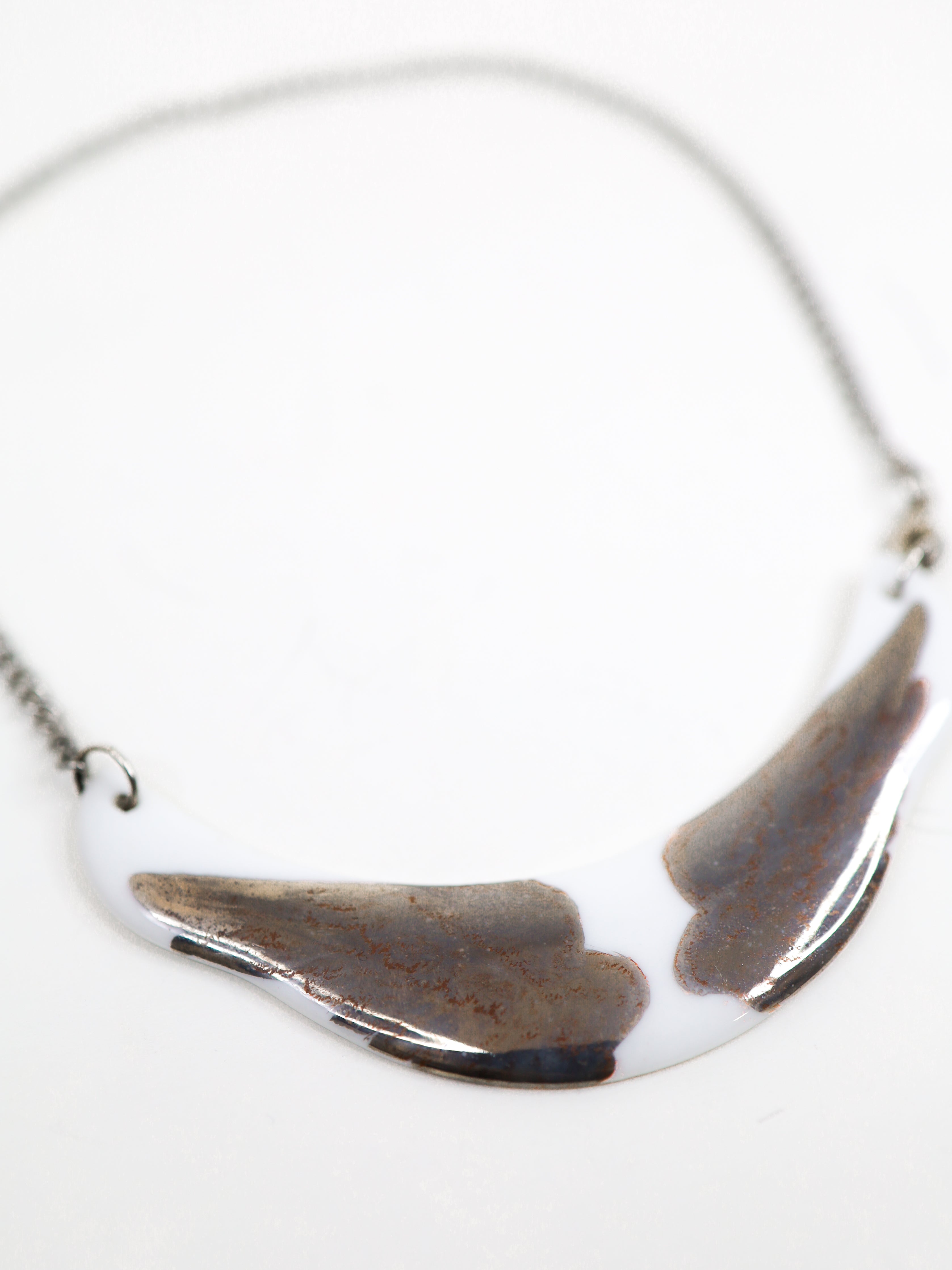 Hand-Painted Platinum Angel Wings Porcelain Pendant Necklace | MadebyMonaH