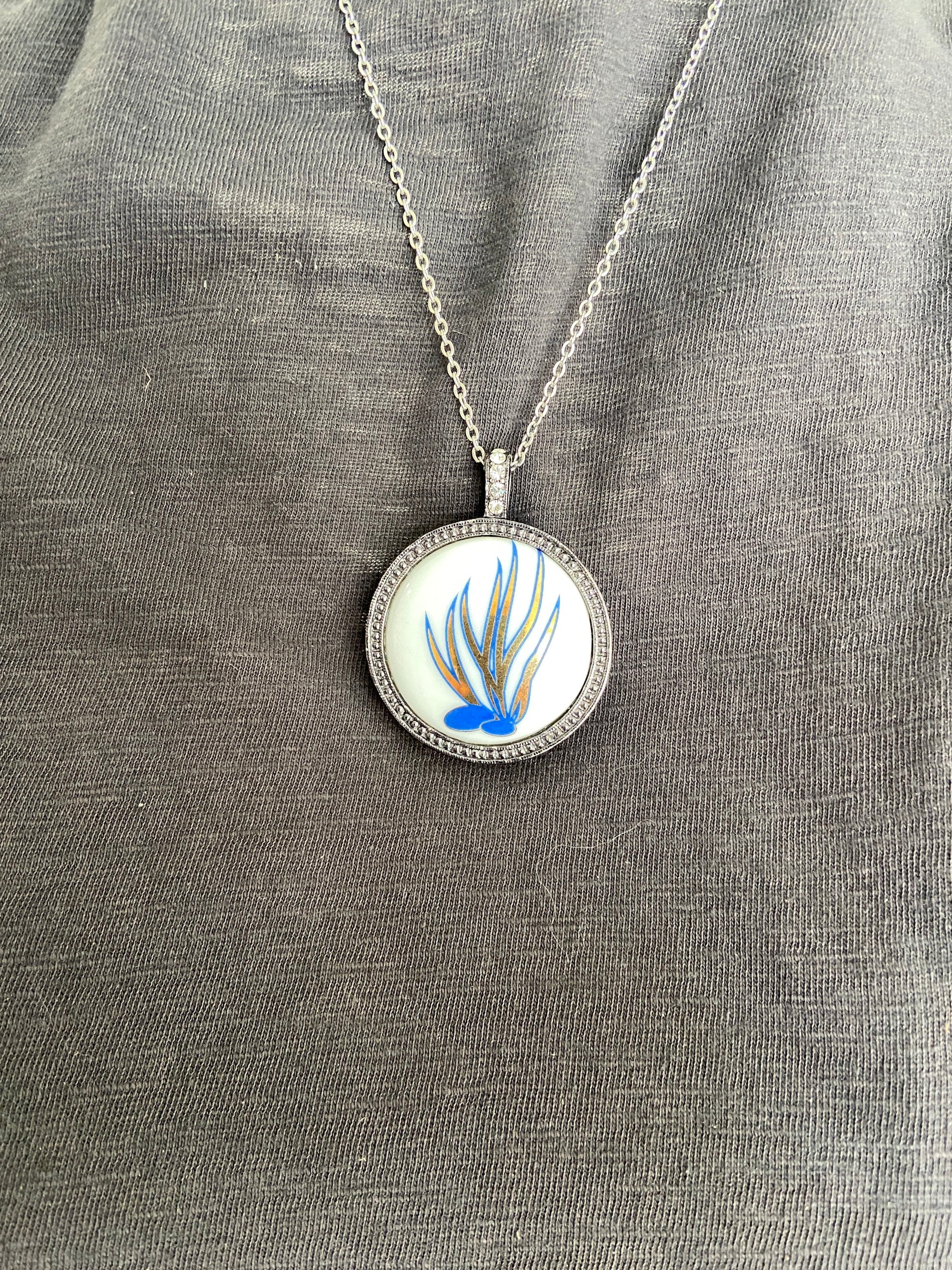 Coral Porcelain Pendant Bezel Silver Chain Necklace Blue