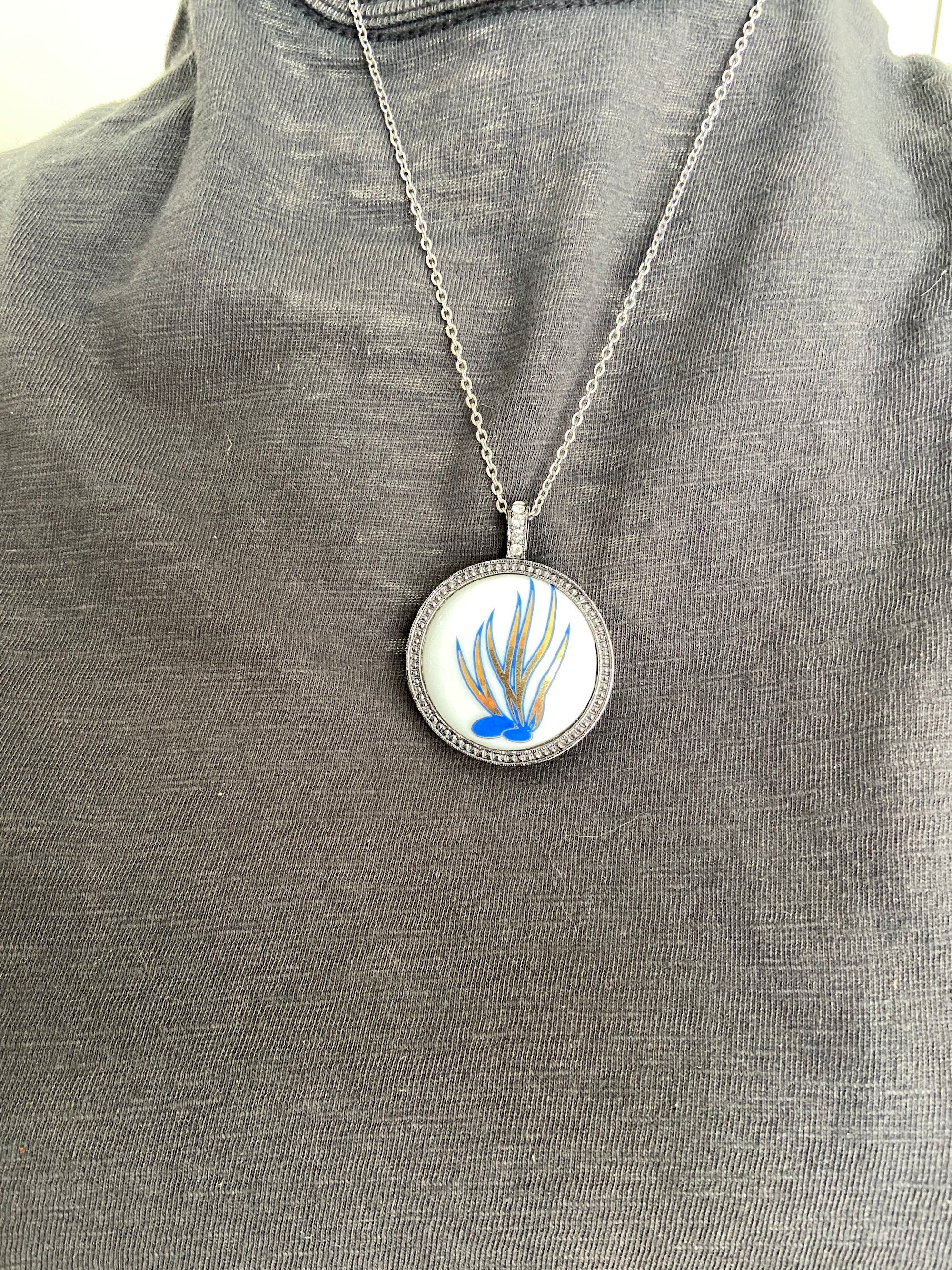 Coral Porcelain Pendant Bezel Silver Chain Necklace Blue