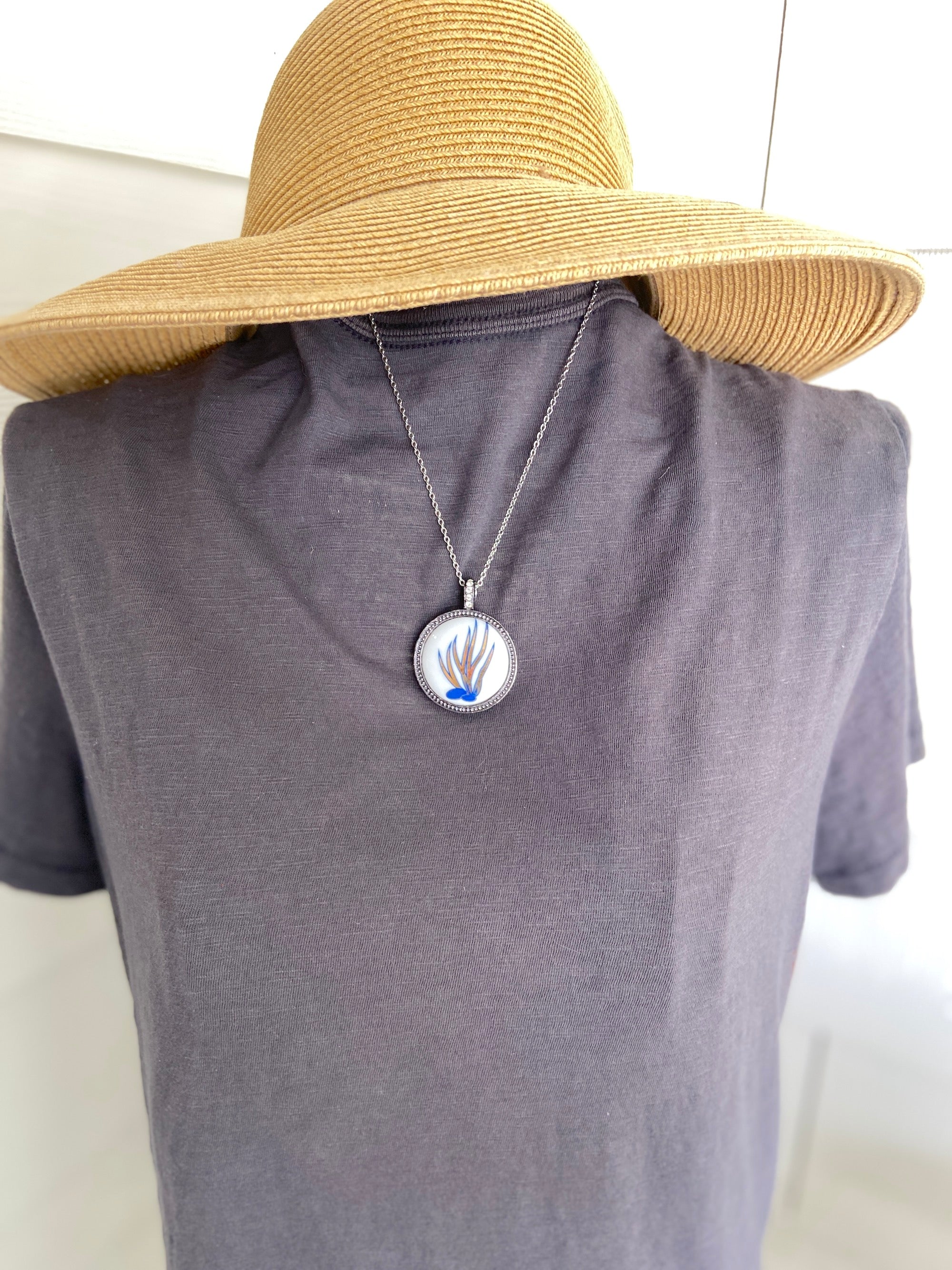 Coral Porcelain Pendant Bezel Silver Chain Necklace Blue