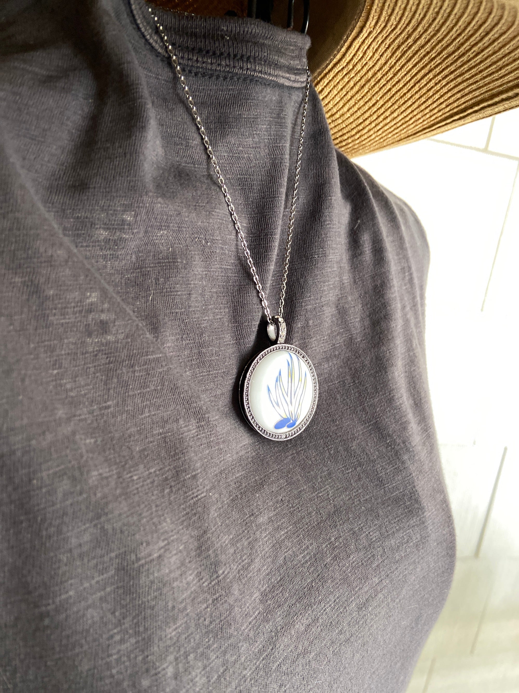 Coral Porcelain Pendant Bezel Silver Chain Necklace Blue