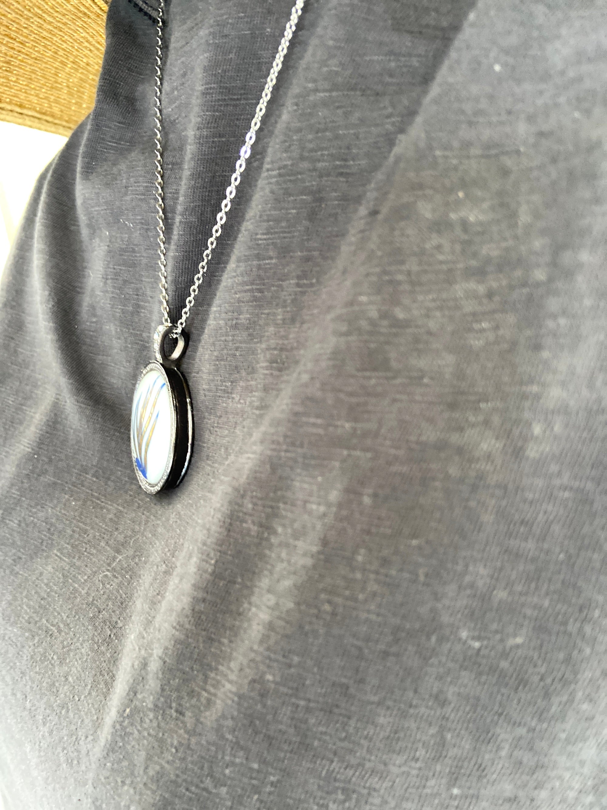 Coral Porcelain Pendant Bezel Silver Chain Necklace Blue