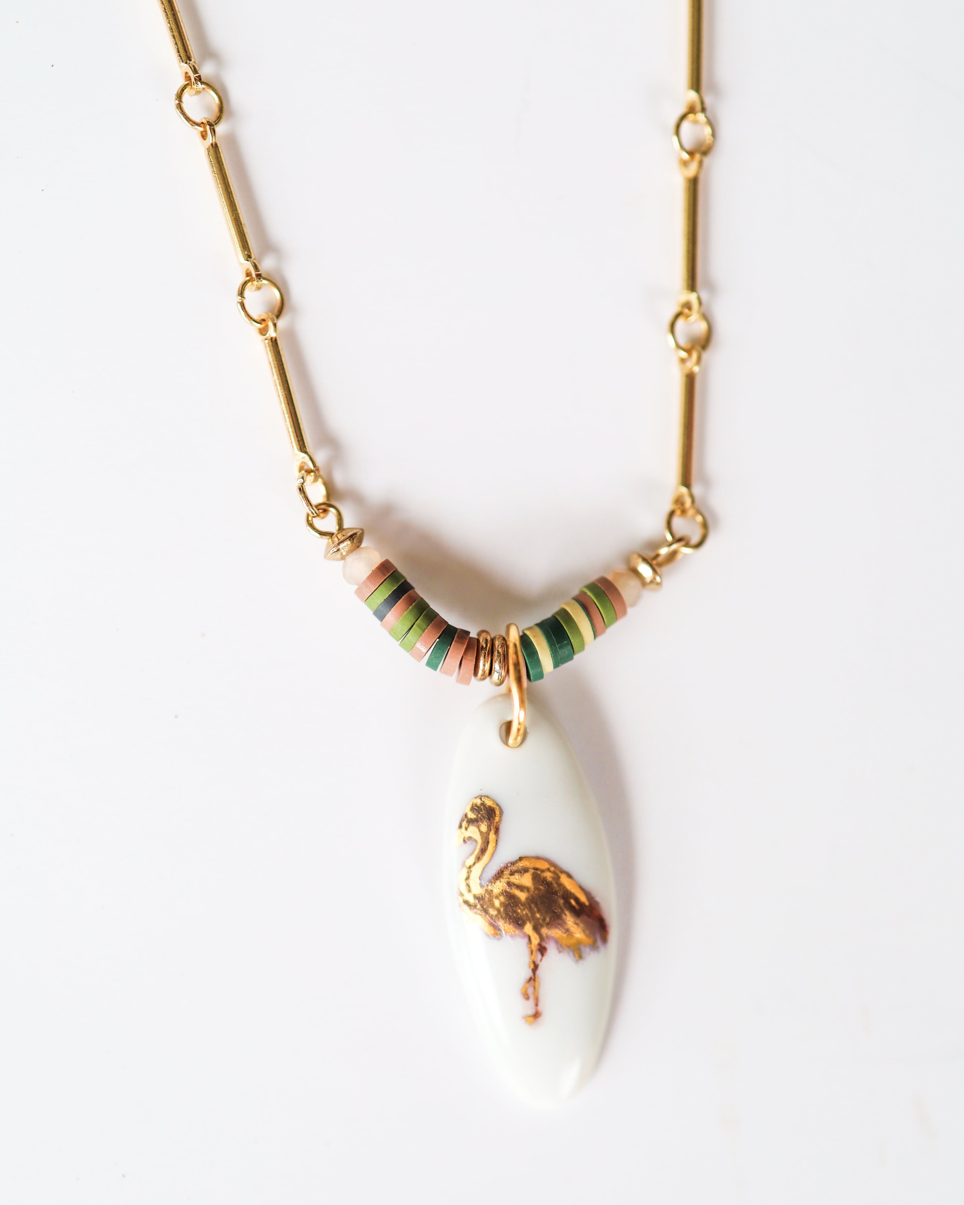 Flamingo Necklace Coastal Jewelry Gold Beaded Chain