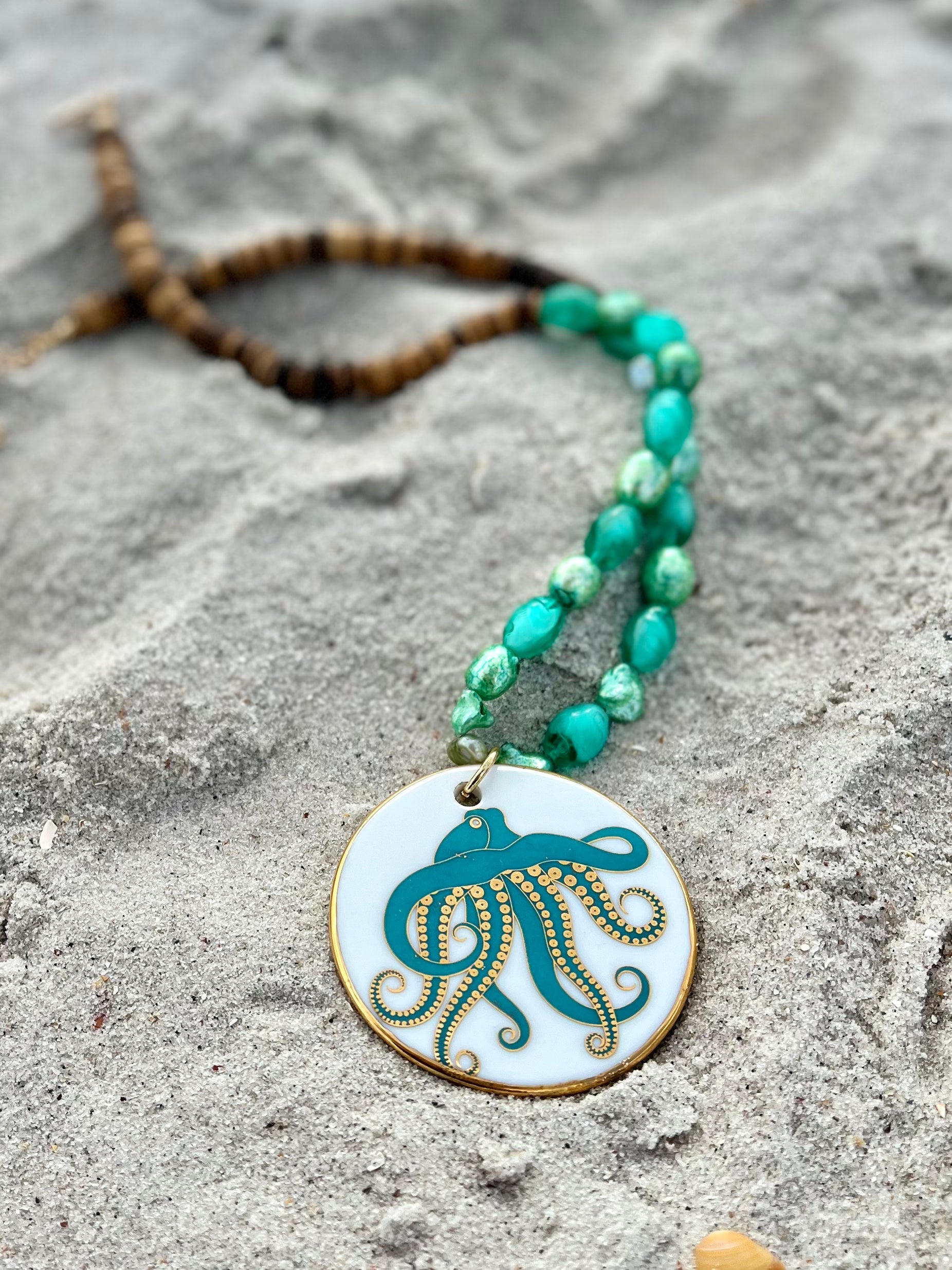 Octopus Porcelain Pendant Beaded Necklace