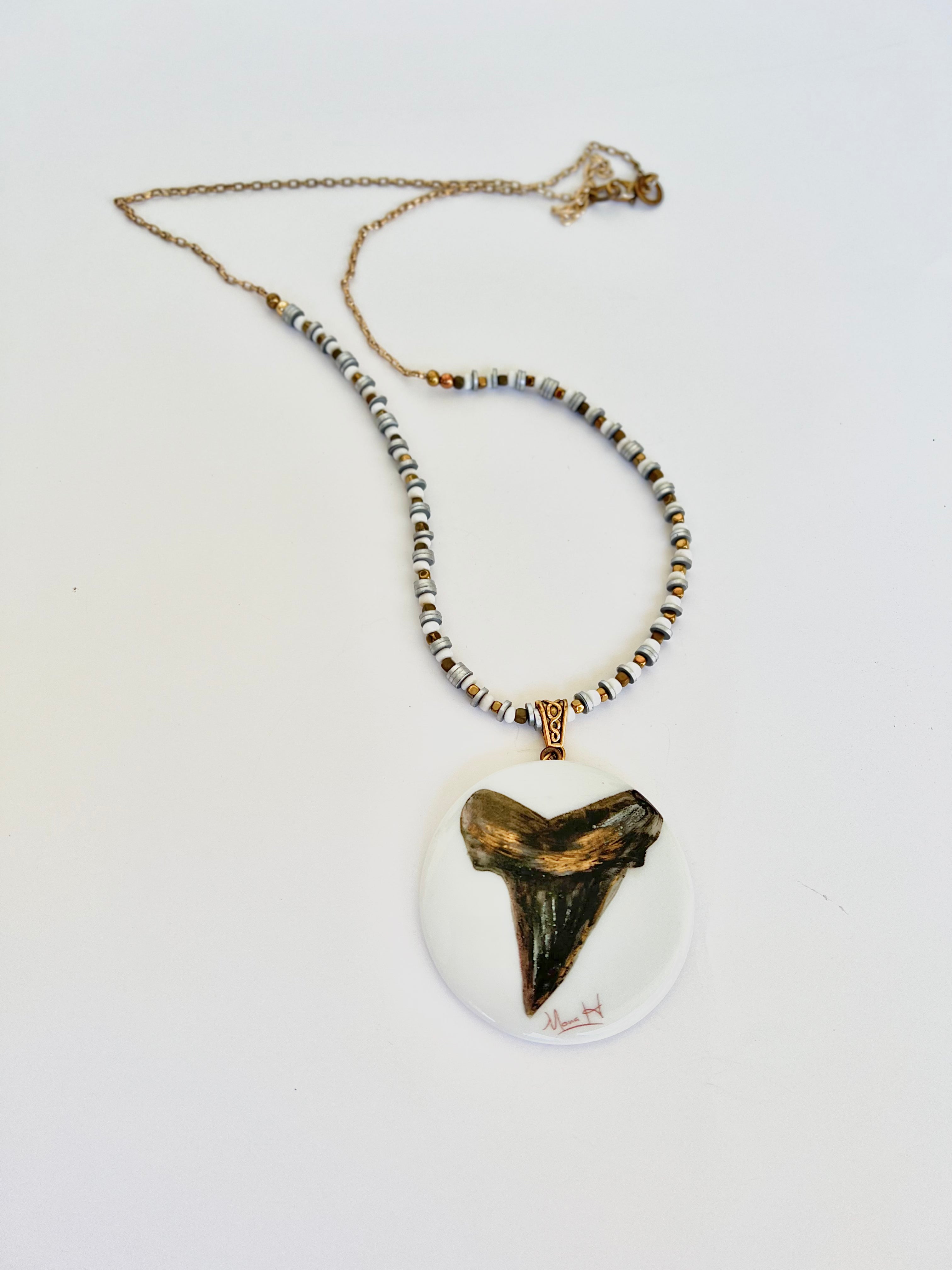 Shark Tooth Hand Painted Porcelain Pendant Beaded Necklace
