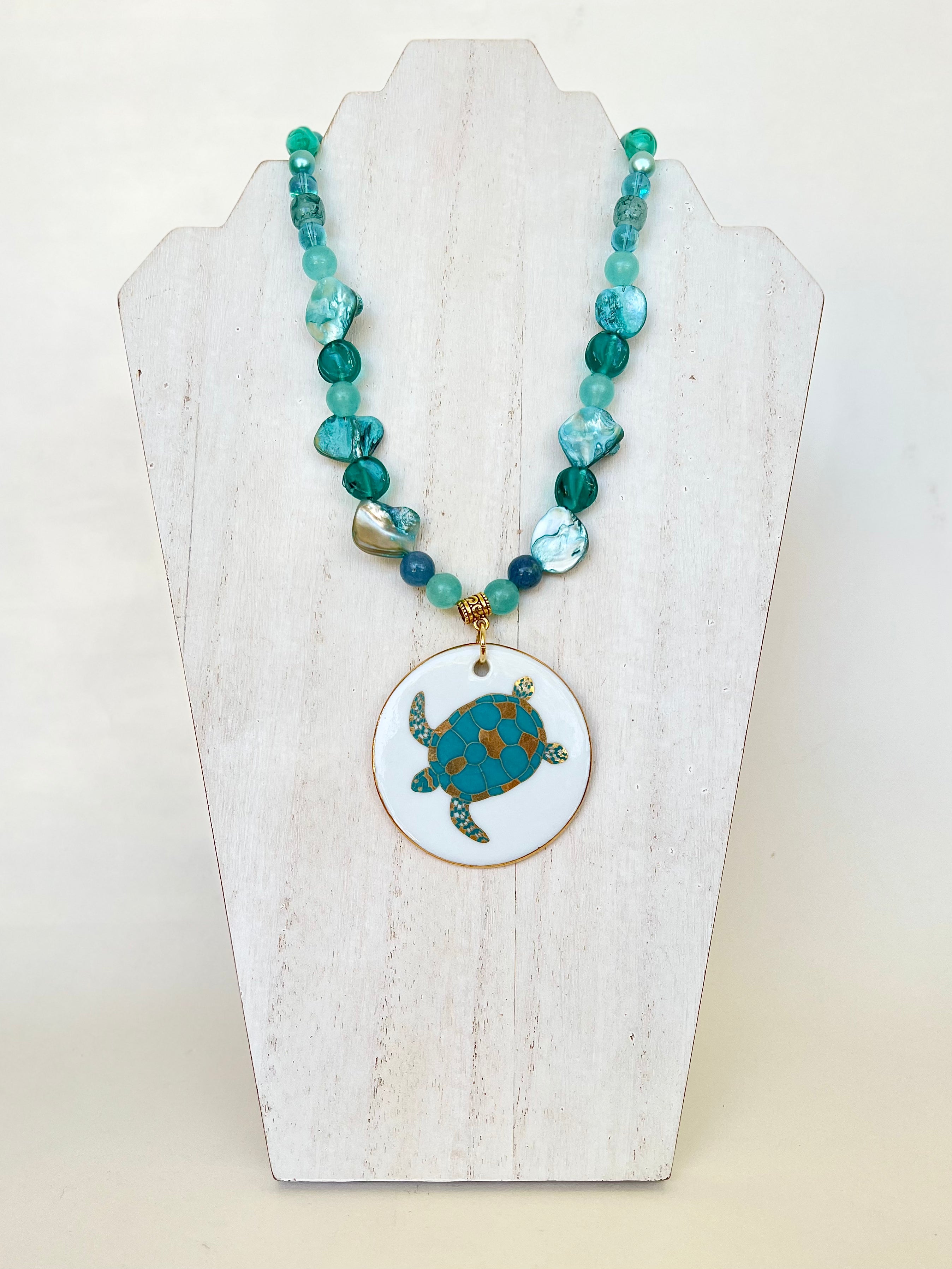 Sea Turtle Porcelain Pendant Beaded Necklace