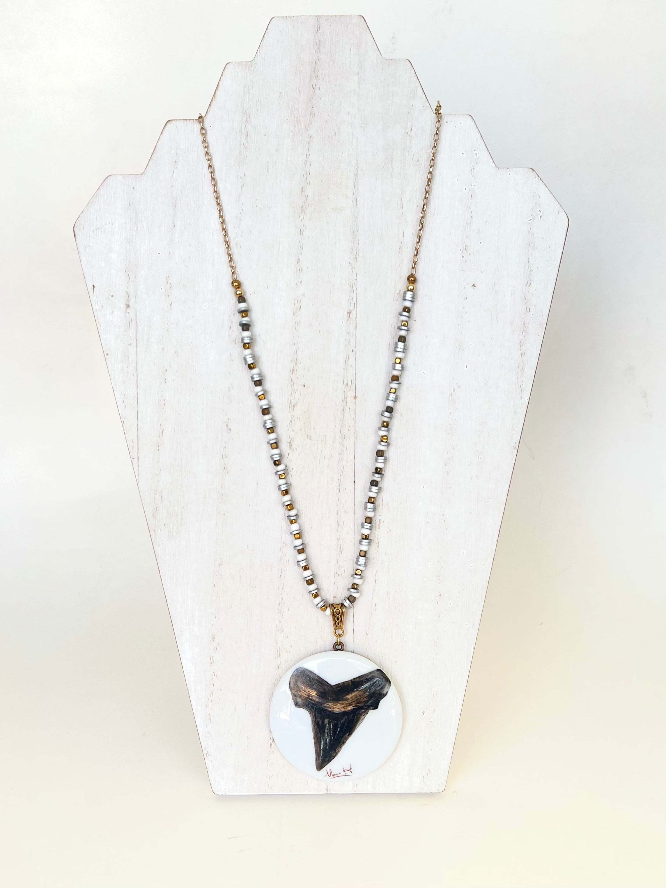 Shark Tooth Hand Painted Porcelain Pendant Beaded Necklace