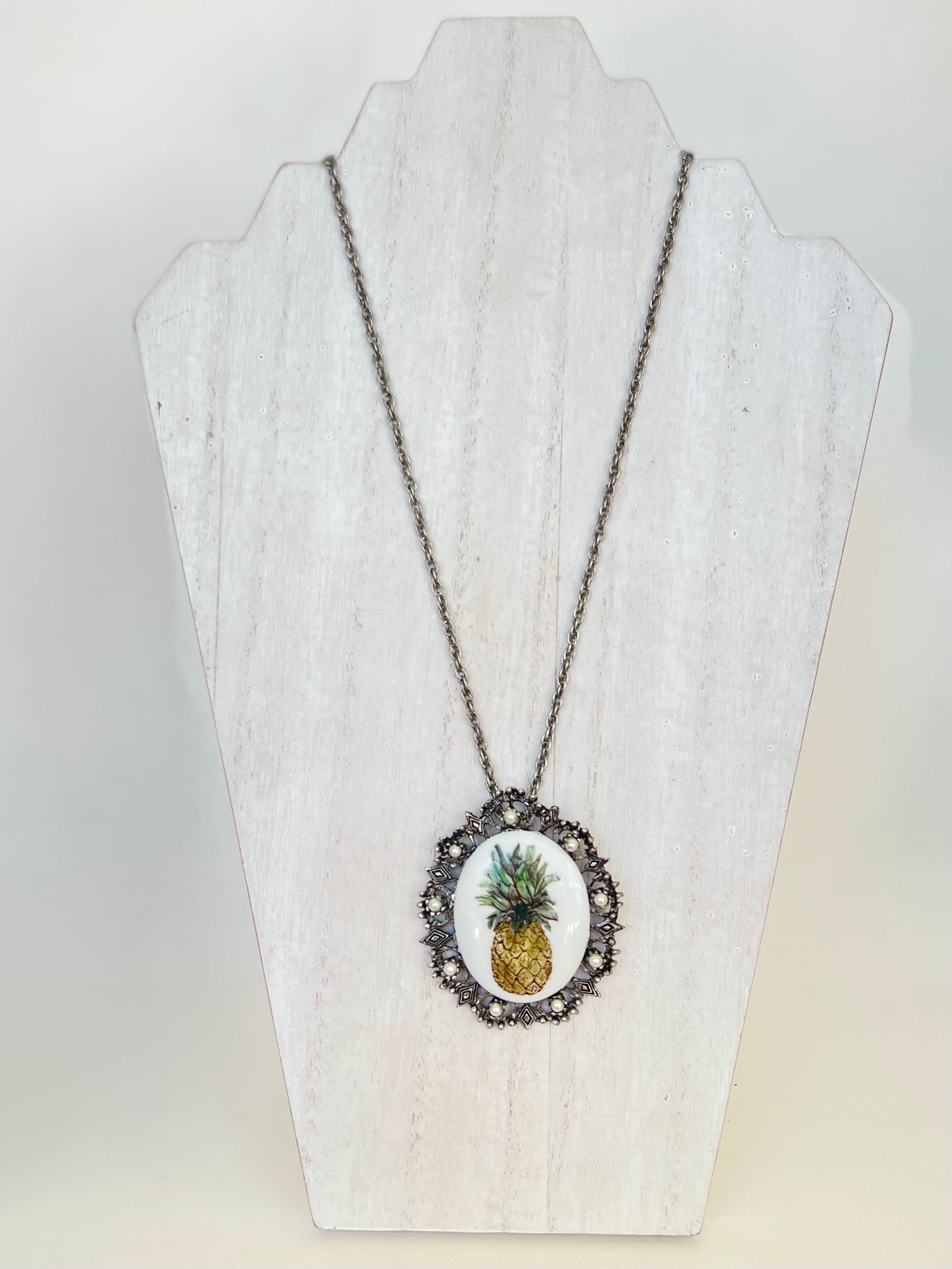 Pineapple Pendant Necklace Bezel Pearl Accents Chain