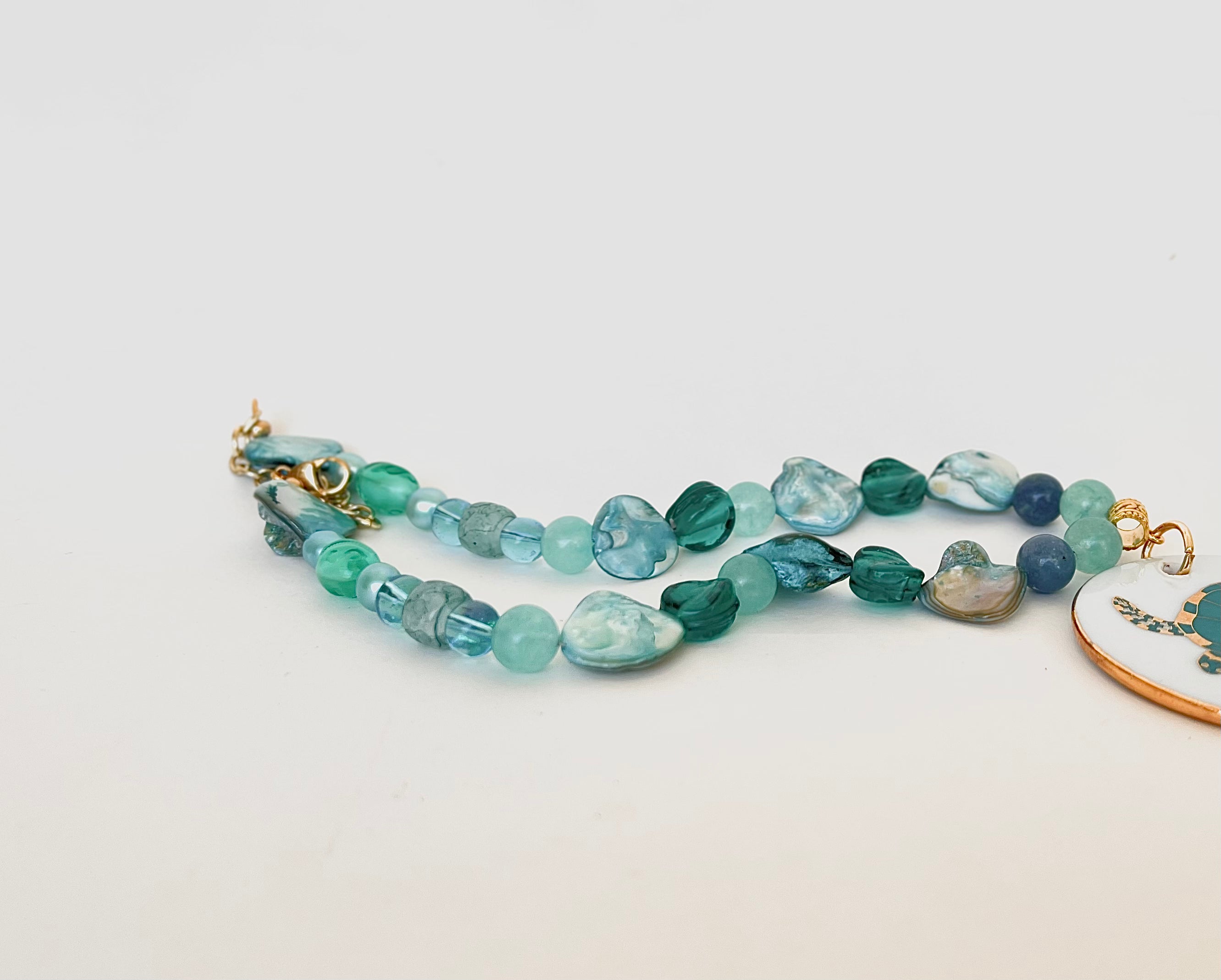 Sea Turtle Porcelain Pendant Beaded Necklace