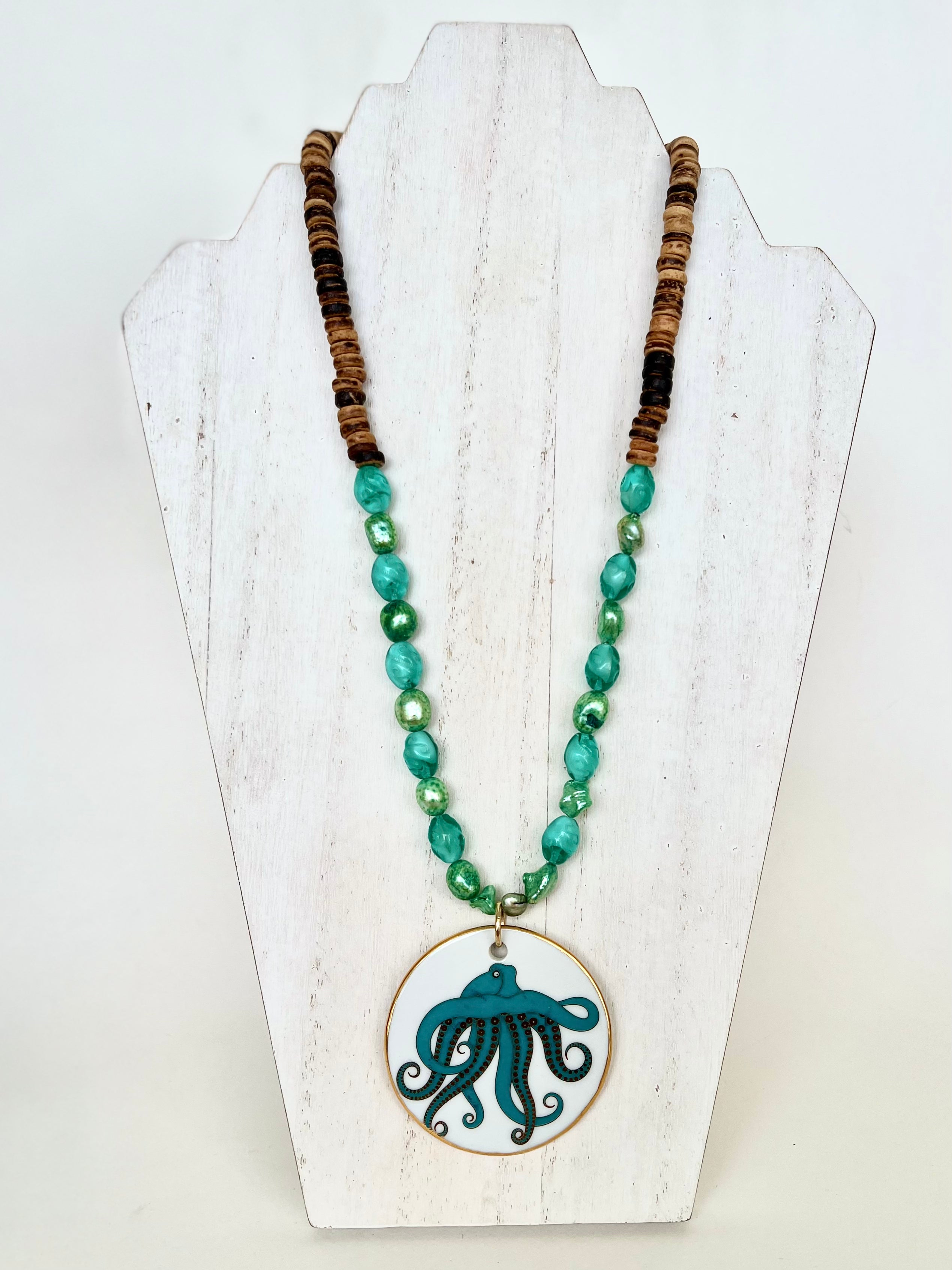Octopus Porcelain Pendant Beaded Necklace