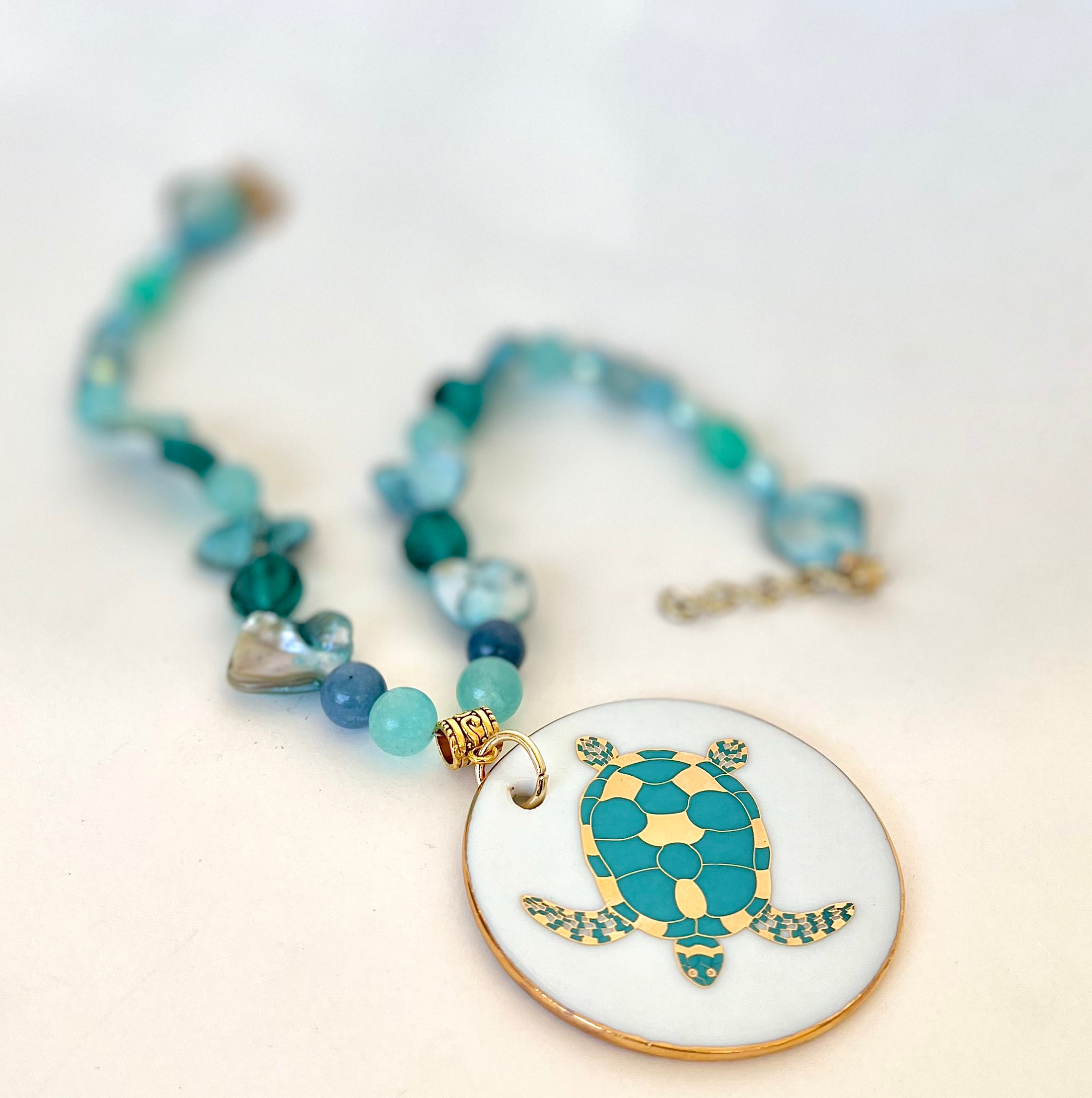 Sea Turtle Porcelain Pendant Beaded Necklace