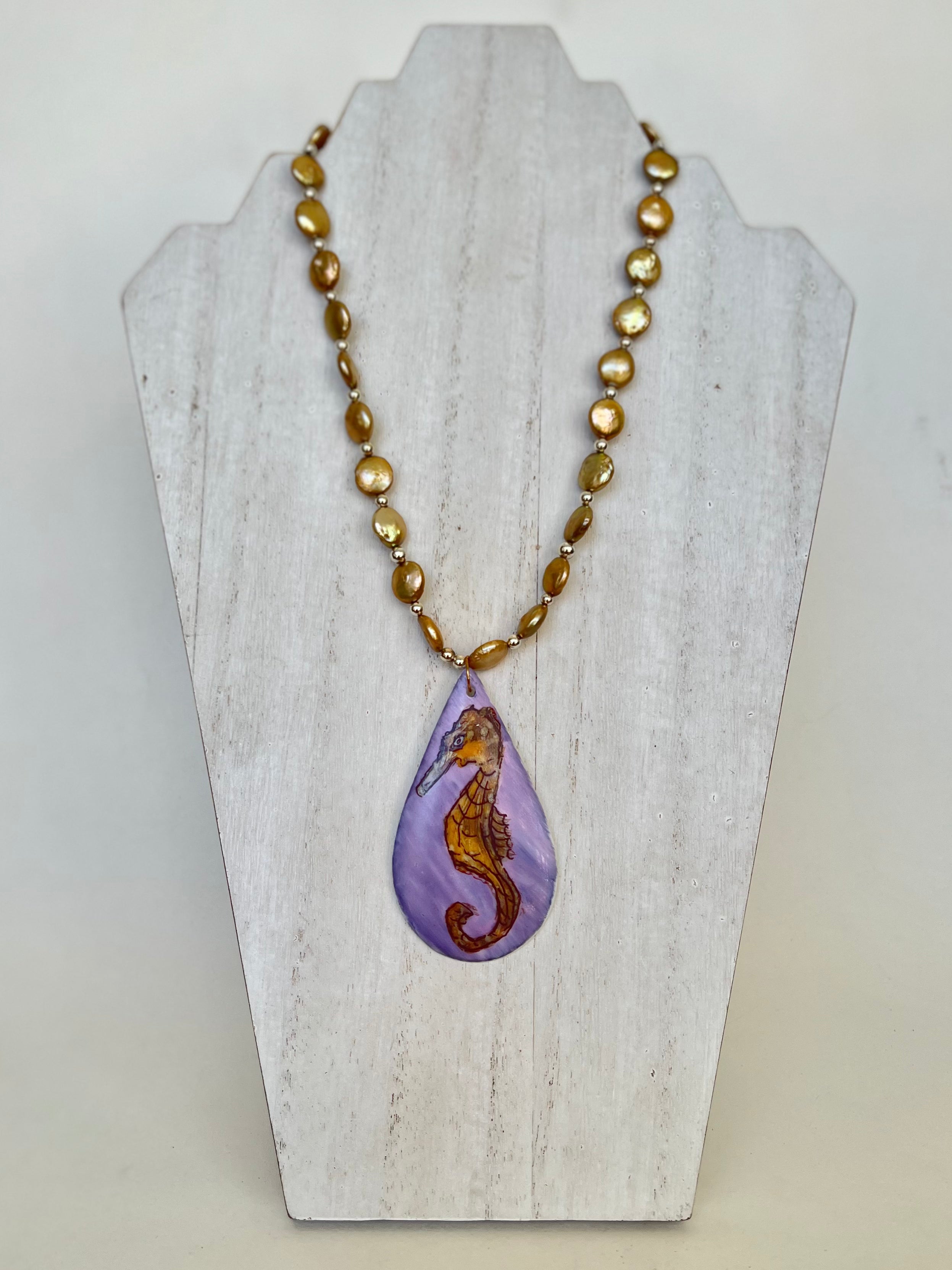 Seahorse Porcelain Pendant Teardrop Pearl Necklace