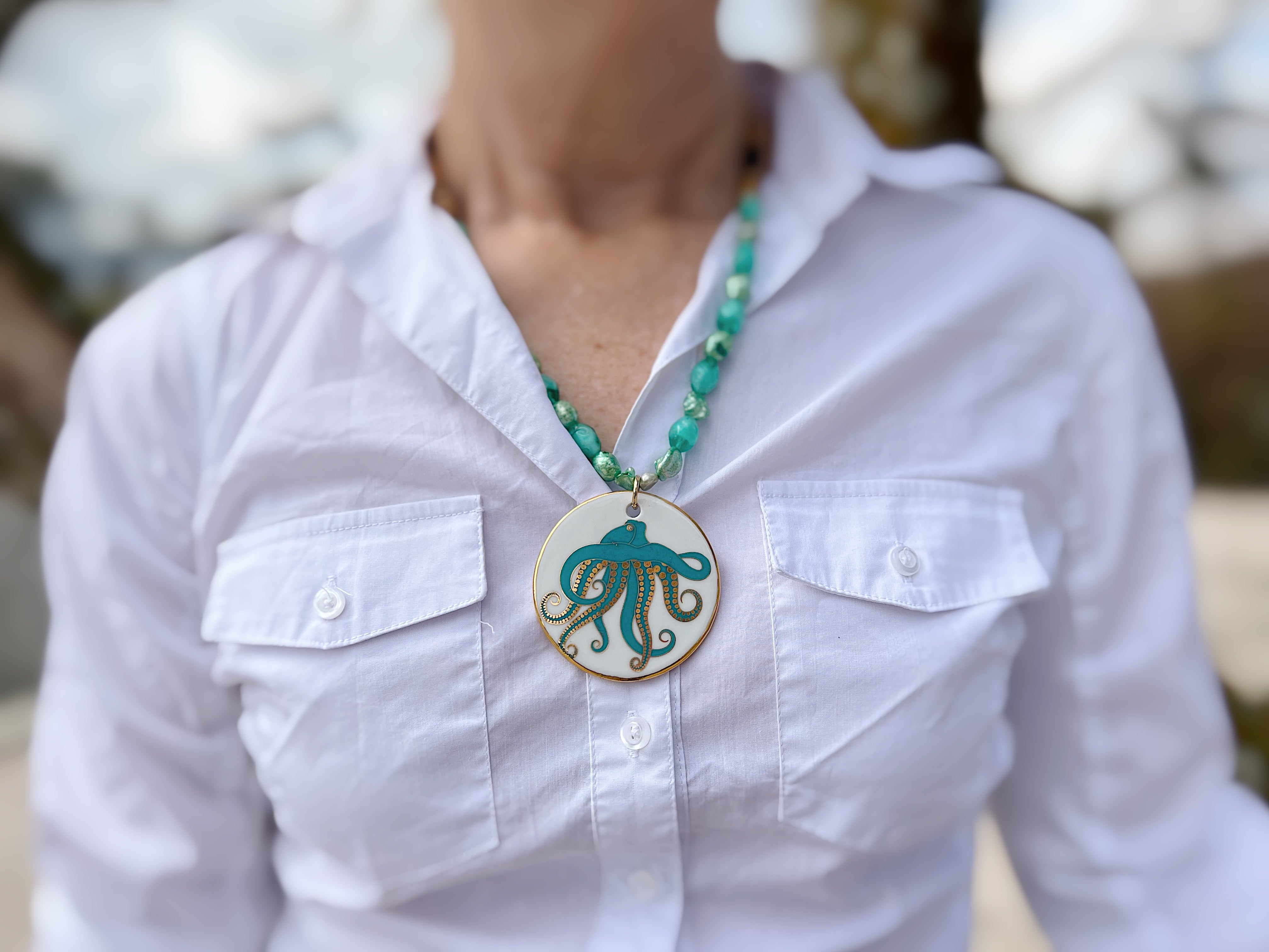 Octopus Porcelain Pendant Beaded Necklace