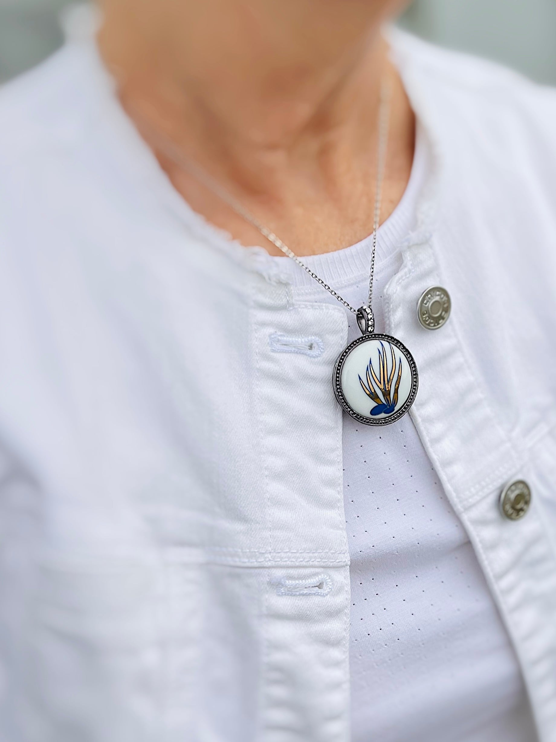 Coral Porcelain Pendant Bezel Silver Chain Necklace Blue
