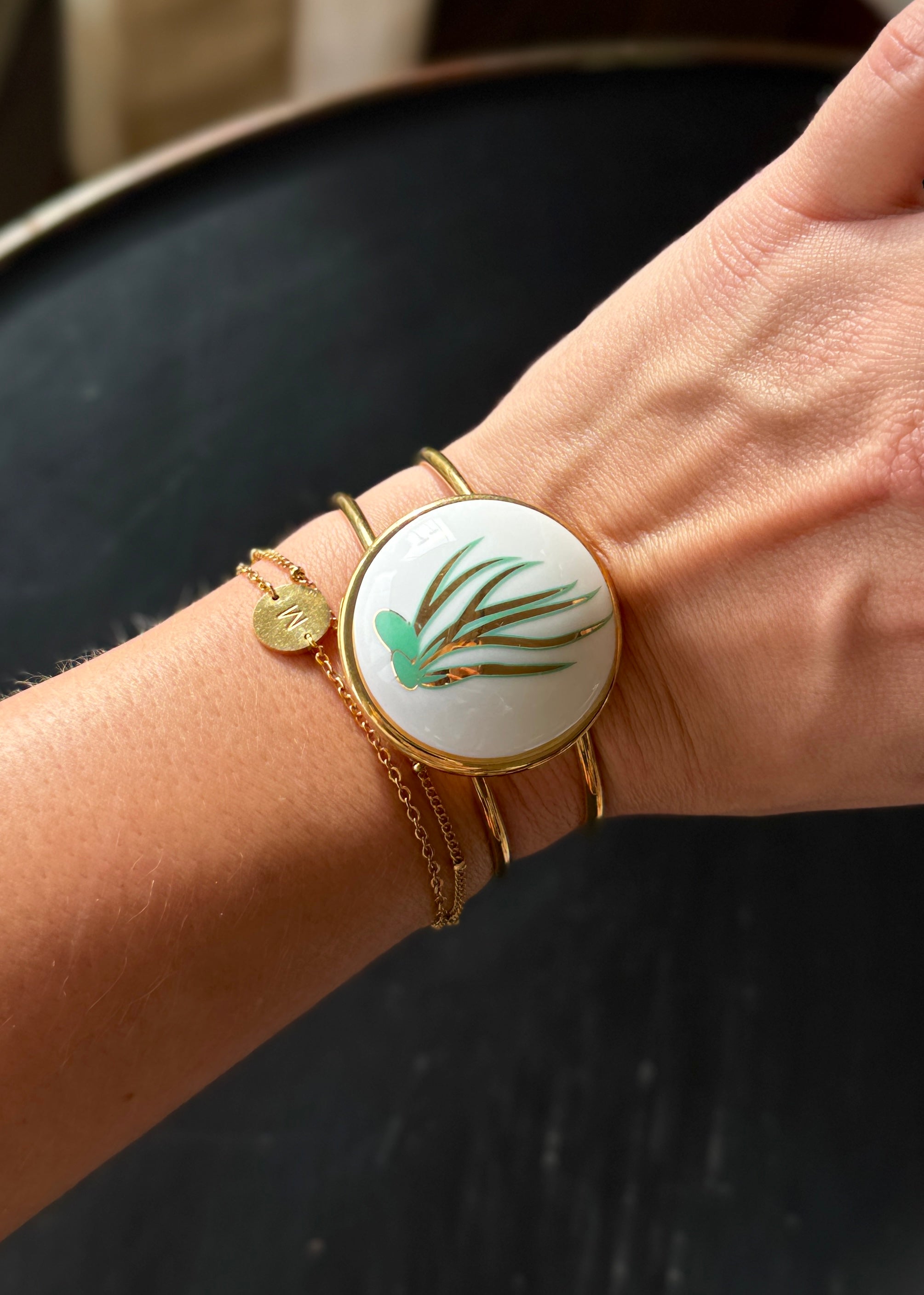 Coral Porcelain Pendant Gold Wrap Bracelet