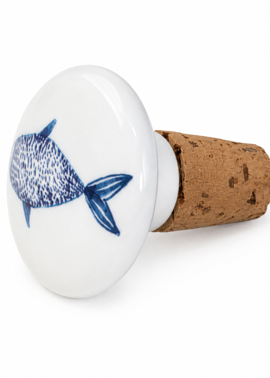Coastal Fish Porcelain Wine Stopper | Blue Fish Bottle Topper | Coastal Kitchen & Hostess Gift
