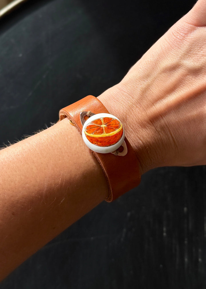 Orange Slice Porcelain Pendant Leather Wrap Bracelet
