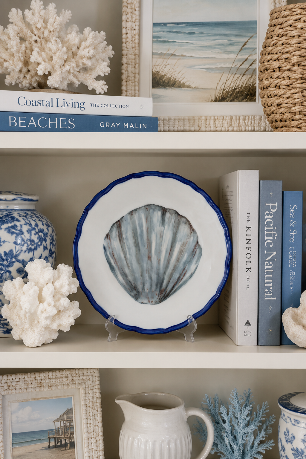 Hand-Painted Coastal Seashell Plate Styled in an Elegant Coastal Bookcase