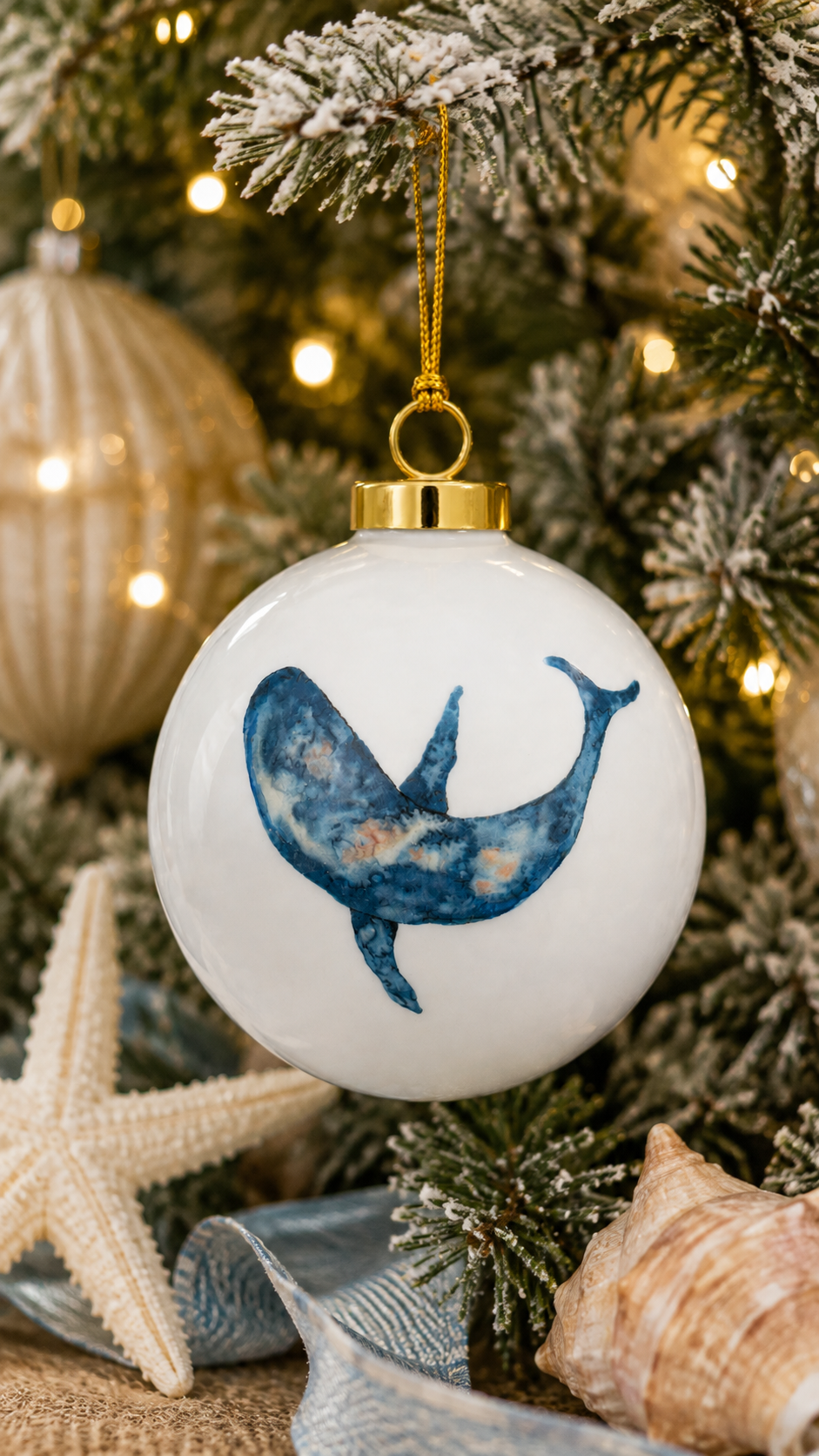 Hand-Painted Blue Whale Porcelain Ornament